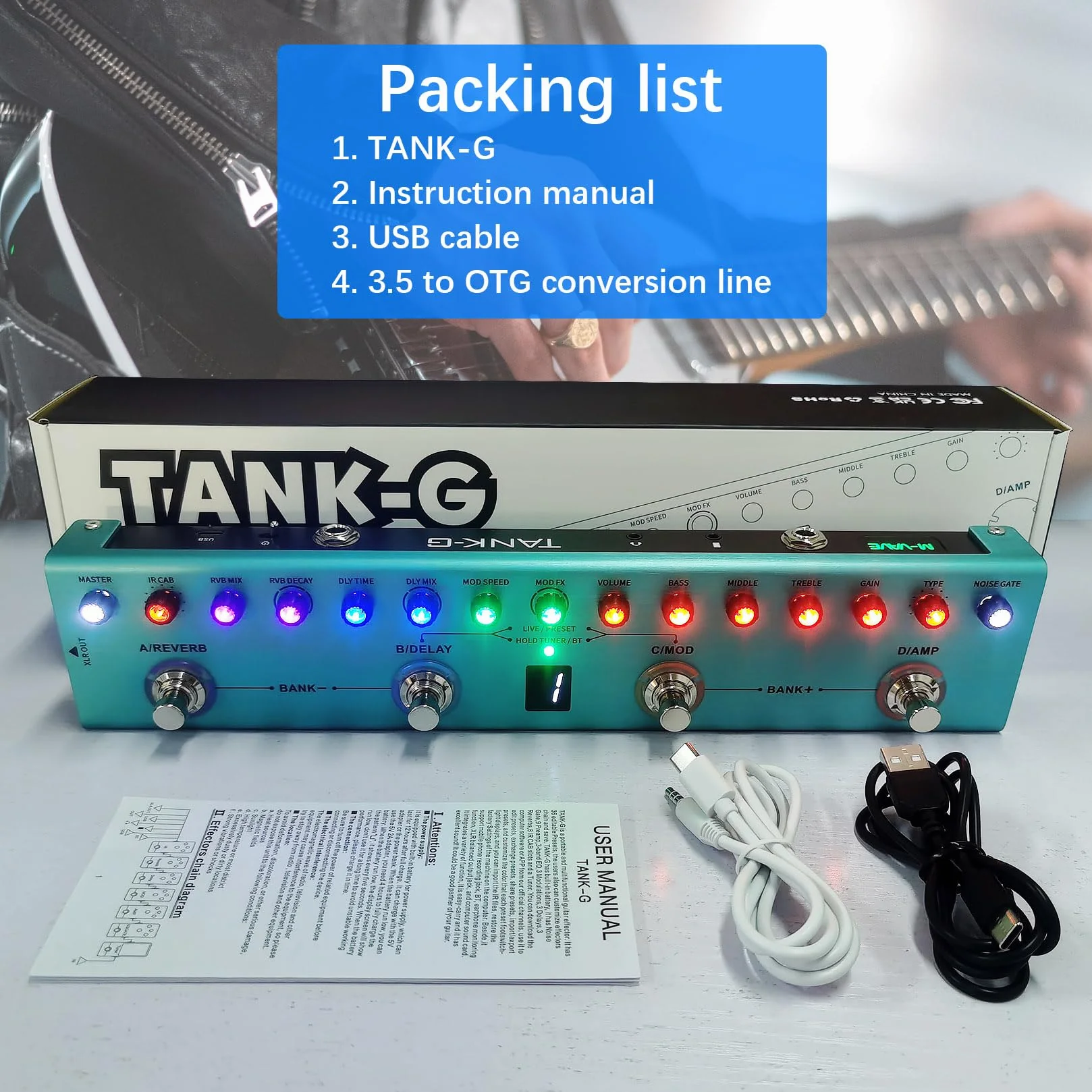M-VAVE TANK G V 2 Pedale per chitarra multieffetto, 36 preset modificabili, Chorus, Delay, Reverb, MOD, IR terze parti, registrazione, sintonizzatore, batteria integrata