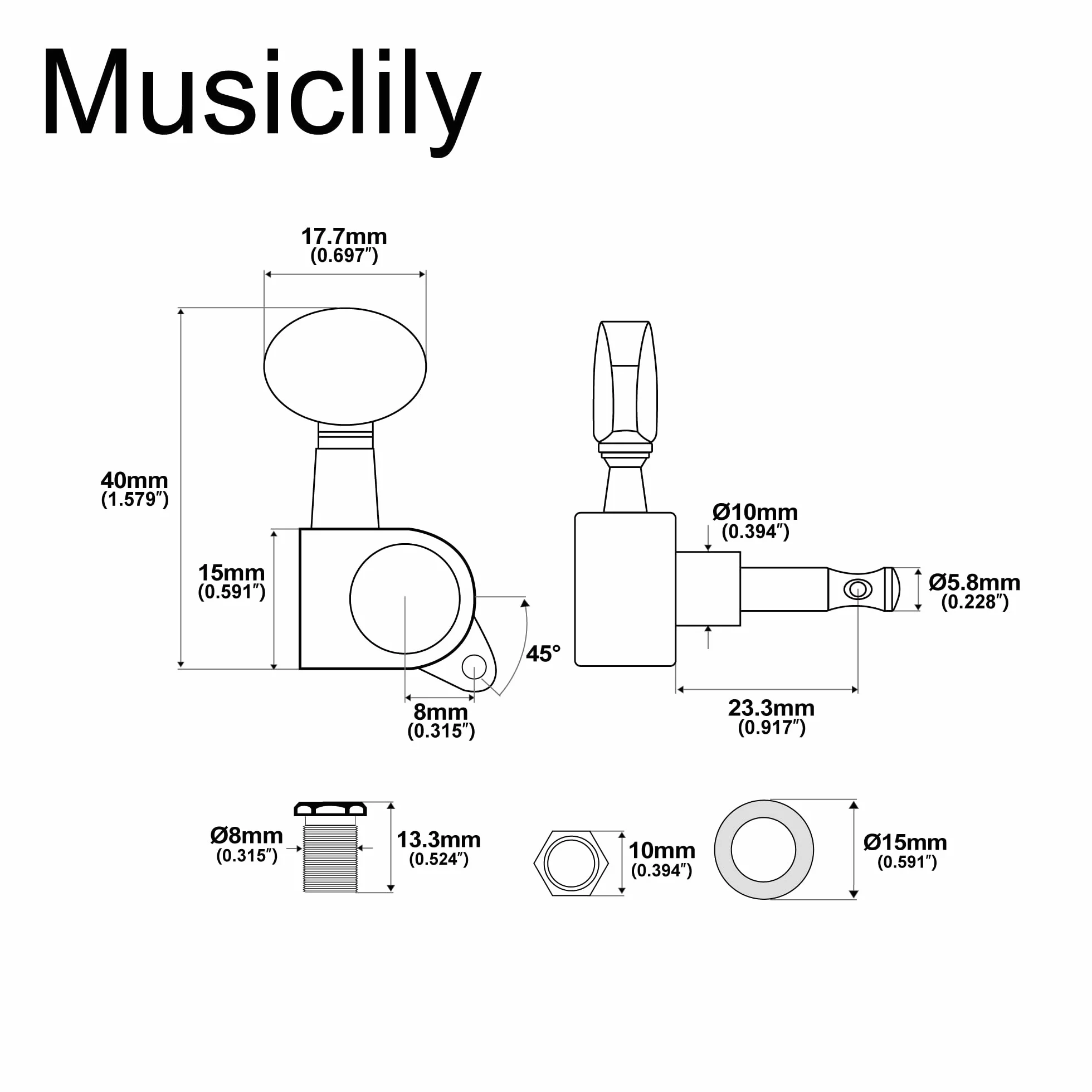 Musiclily Set di Meccaniche in Linea L6 per Chitarra Elettrica tipo Strat Tele, Kidney Button Cromato