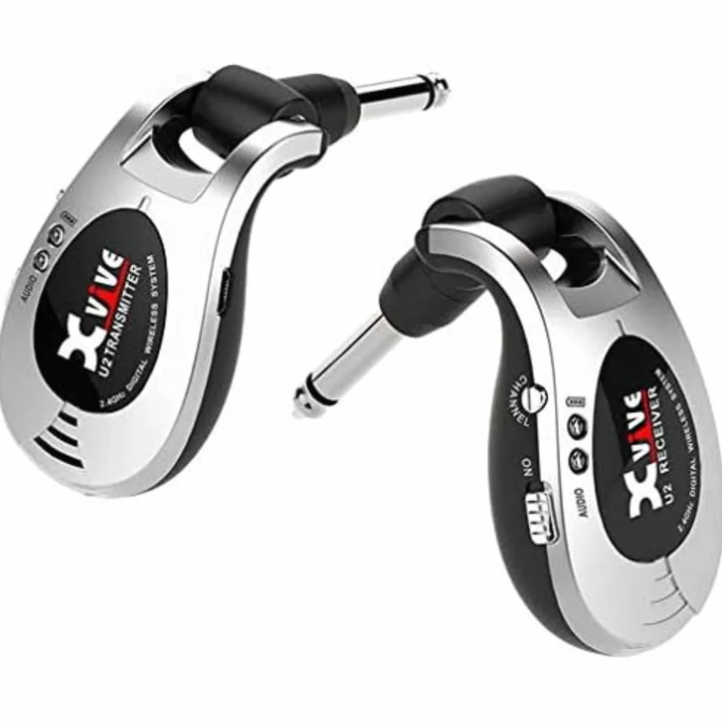 XVIVE U2 - Sistema Wireless Digitale per Chitarra Elettrica Acustica e Basso, Trasmissione in Banda 2,4Ghz, Range di 30m - Fino a 5 Ore di Autonomia, Doppio Cavo USB per Ricarica Incluso, Jack Snodati