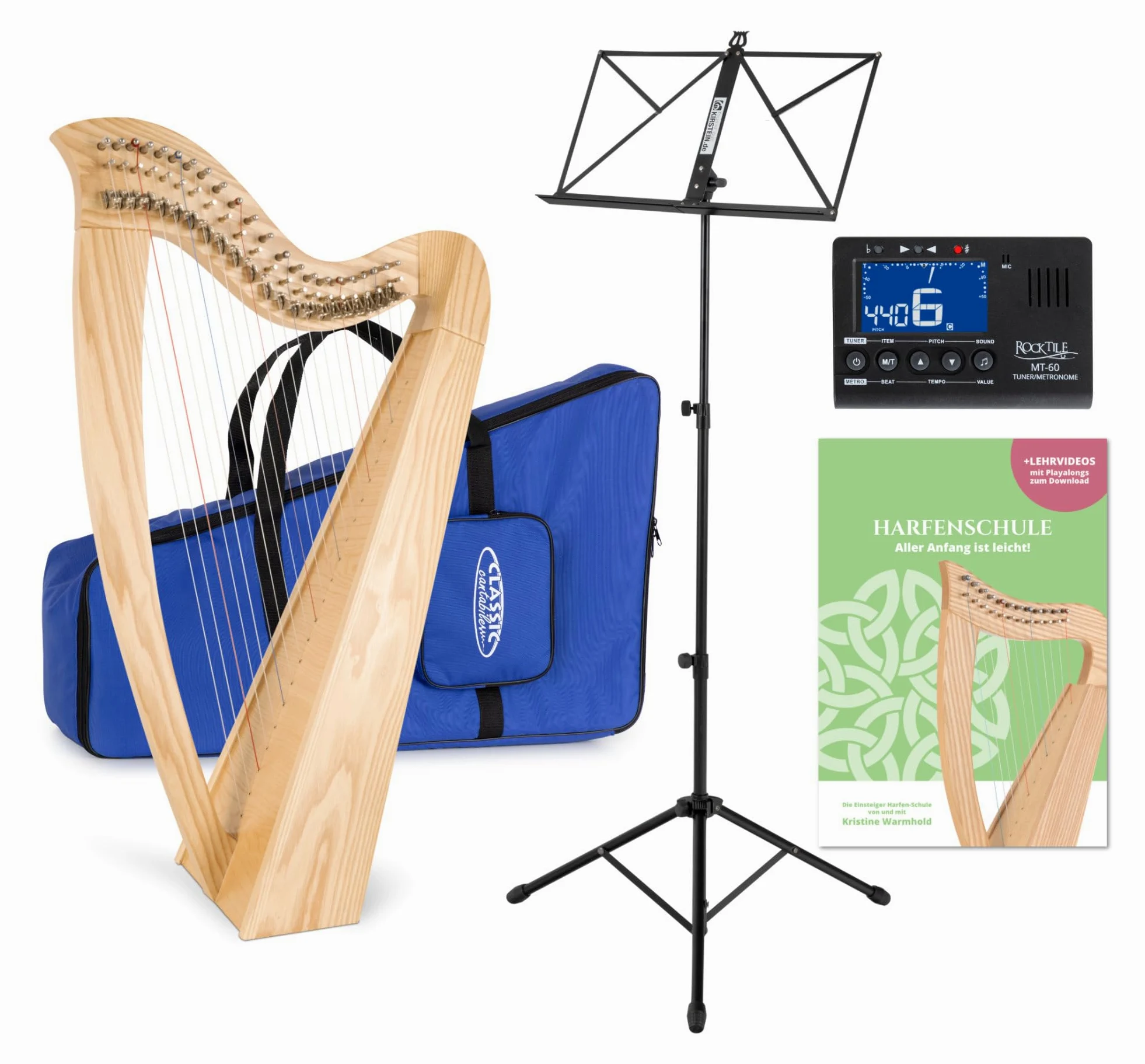 Classic Cantabile H-22 Arpa Celtica, 22 corde, meccanica a semitoni, accordata in Mi bemolle maggiore. Include borsa, scuola, leggio, accordatore e 2 chiavi. Altezza: 83,5 cm.