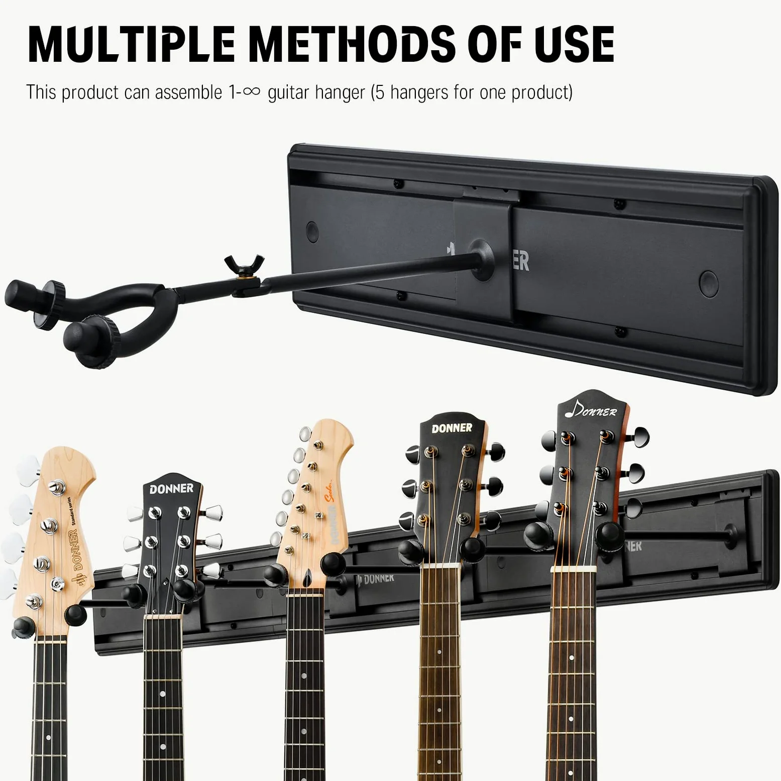 Donner 5 Guitar Wall Rack Supporto per Montaggio a Parete per Chitarra Nero con 5 Ganci per Chitarra Regolabili per Chitarre Elettriche Acustiche, Basso, Folk Ukulele