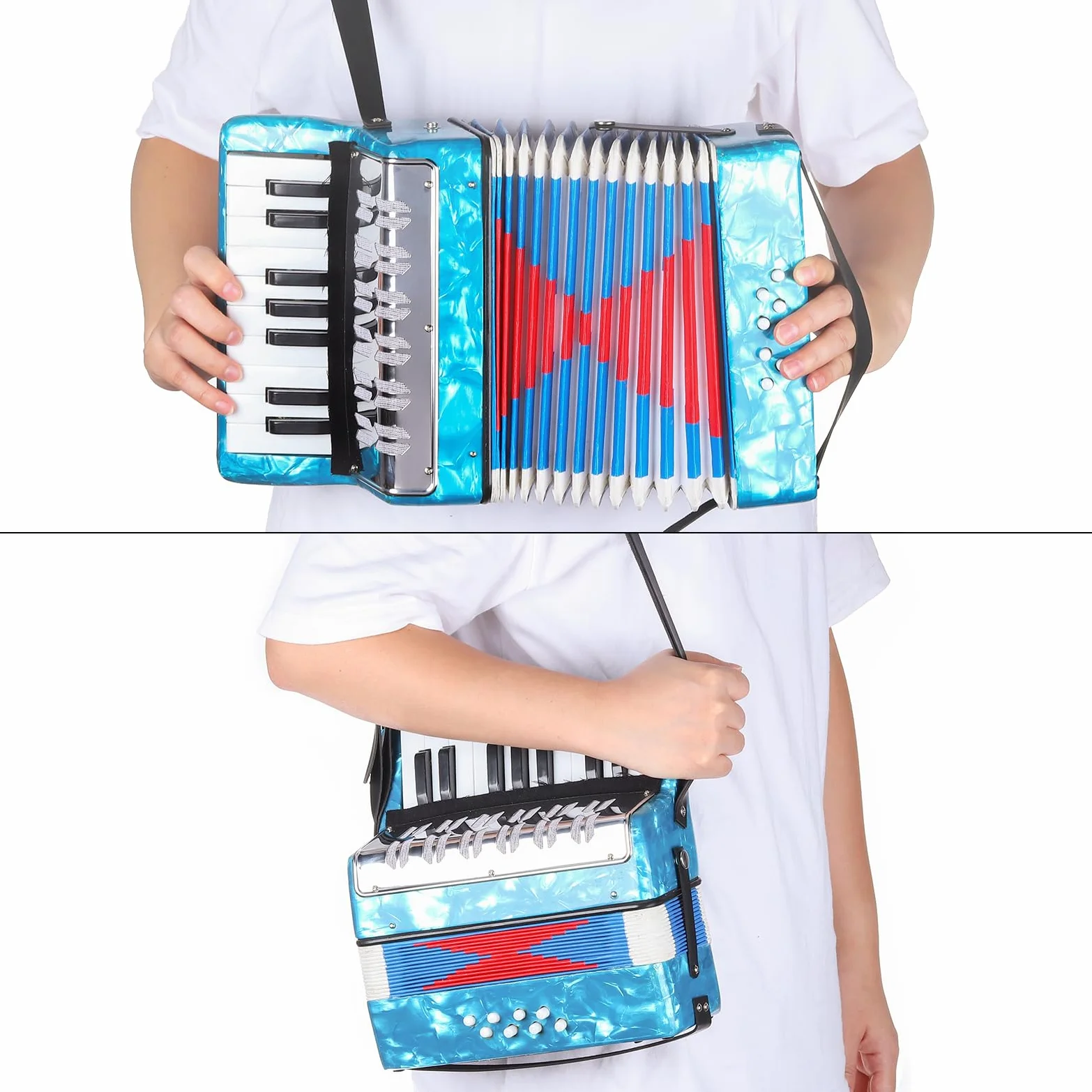 sourcing map Fisarmonica, 17 tasti, 8 tasti basso, mini strumento musicale leggero per bambini principianti educativo, blu cielo