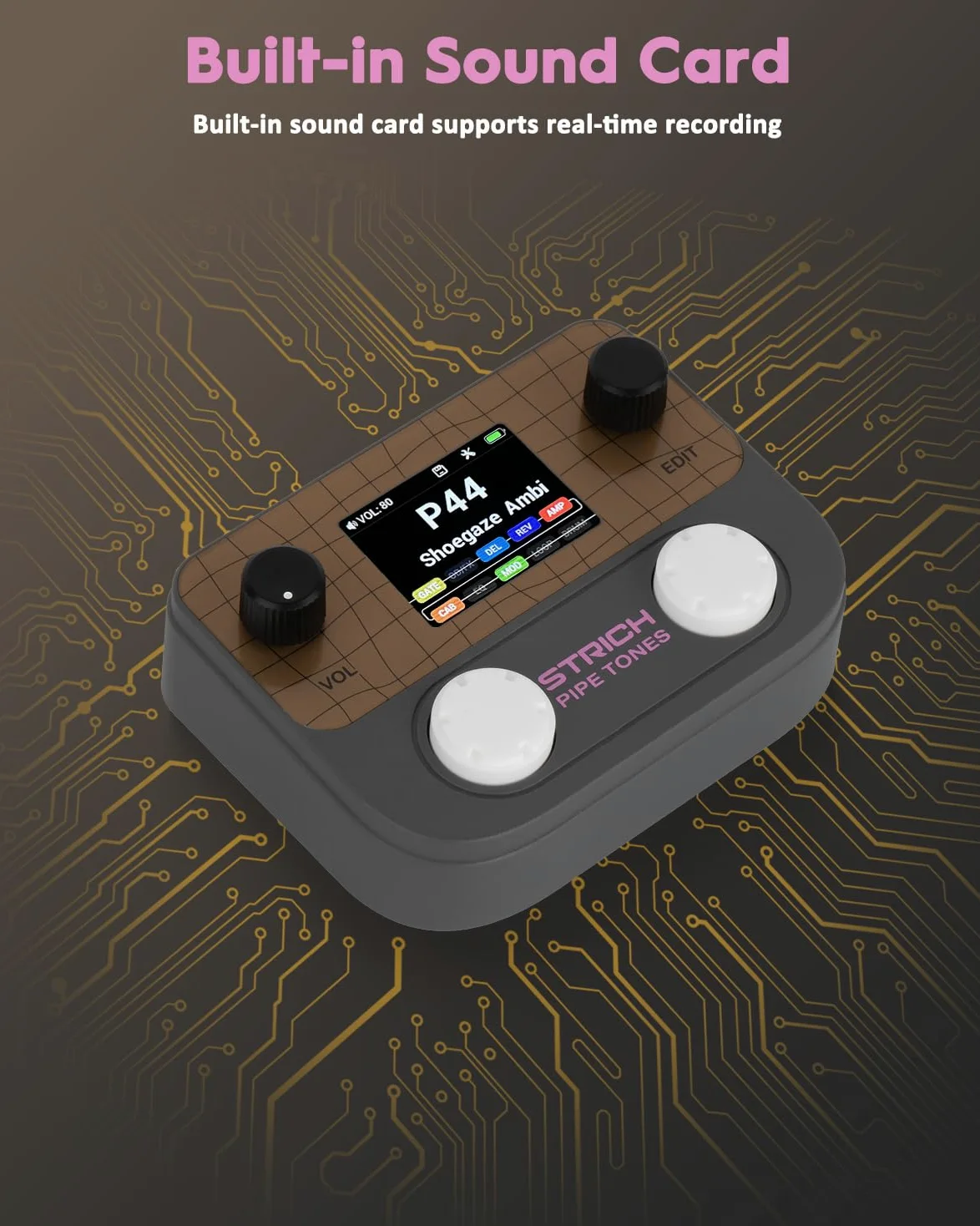 STRICH Pipe Tones Pocket Multi-Effects Processor per chitarra e basso con pedale 10 moduli effetto 125 effetti Looper 40s 100 pattern di batteria Interfaccia audio USB Controllo wireless(Grigio scuro)