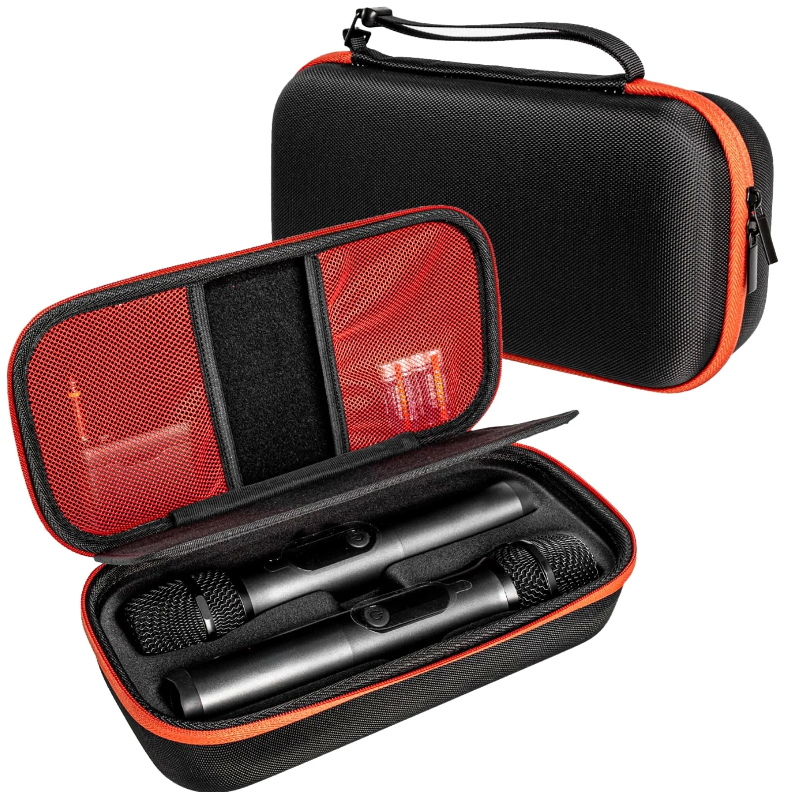 Custodia per microfono, custodia per microfono senza fili per JBL Party Box, guscio rigido in EVA nera, adatta a due microfoni, portatile, con cerniera arancione, 258,5 x 18,5 x 8 cm