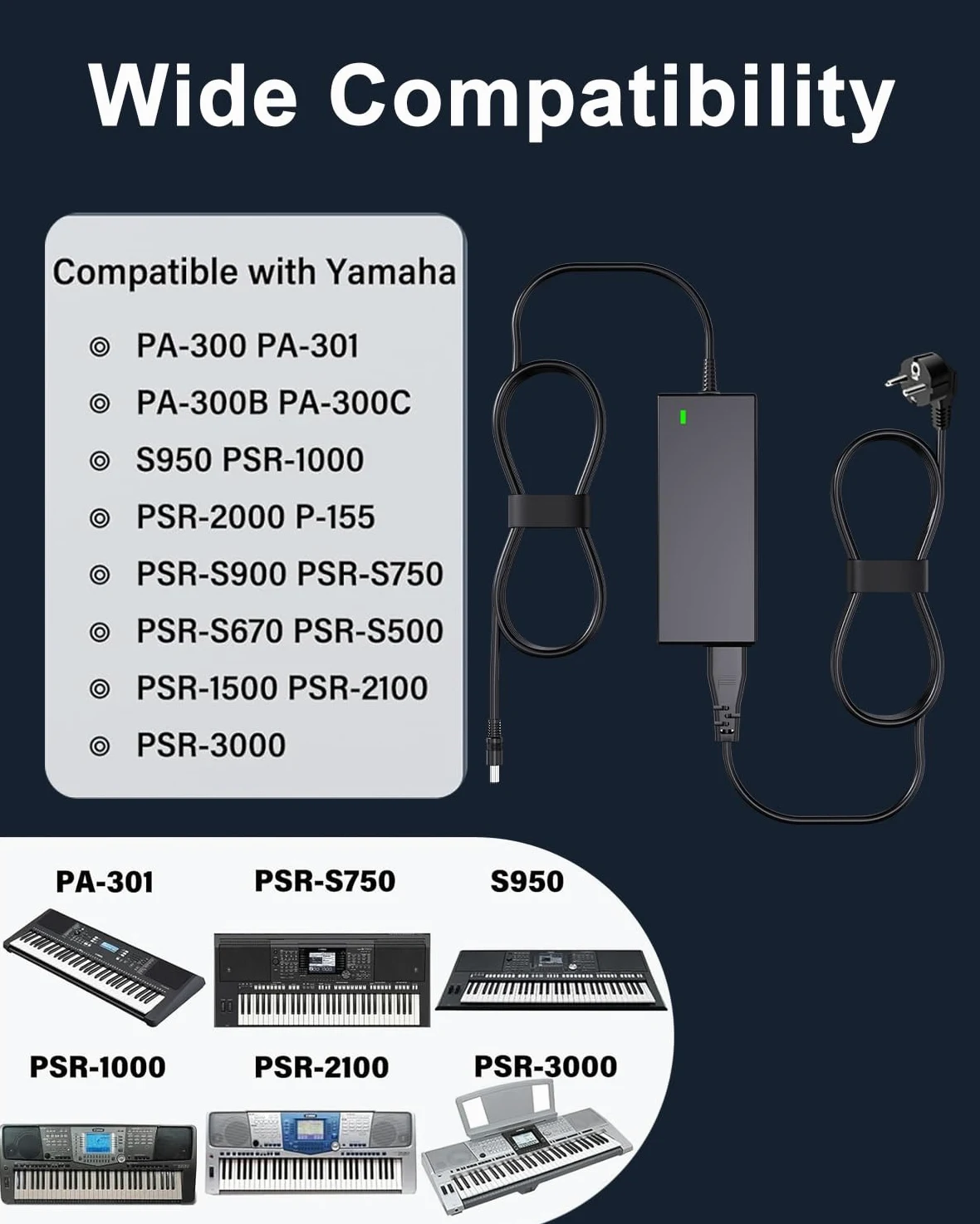 16V Caricabatterie per Yamaha PA-300 caricabatterie, per PA-301, PA-300B, PA-300C, S950, PSR-1000, PSR-1500, PSR-2000, PSR-2100, PSR-3000, PSR-S500, PSR-S900 tastiera Adattatore