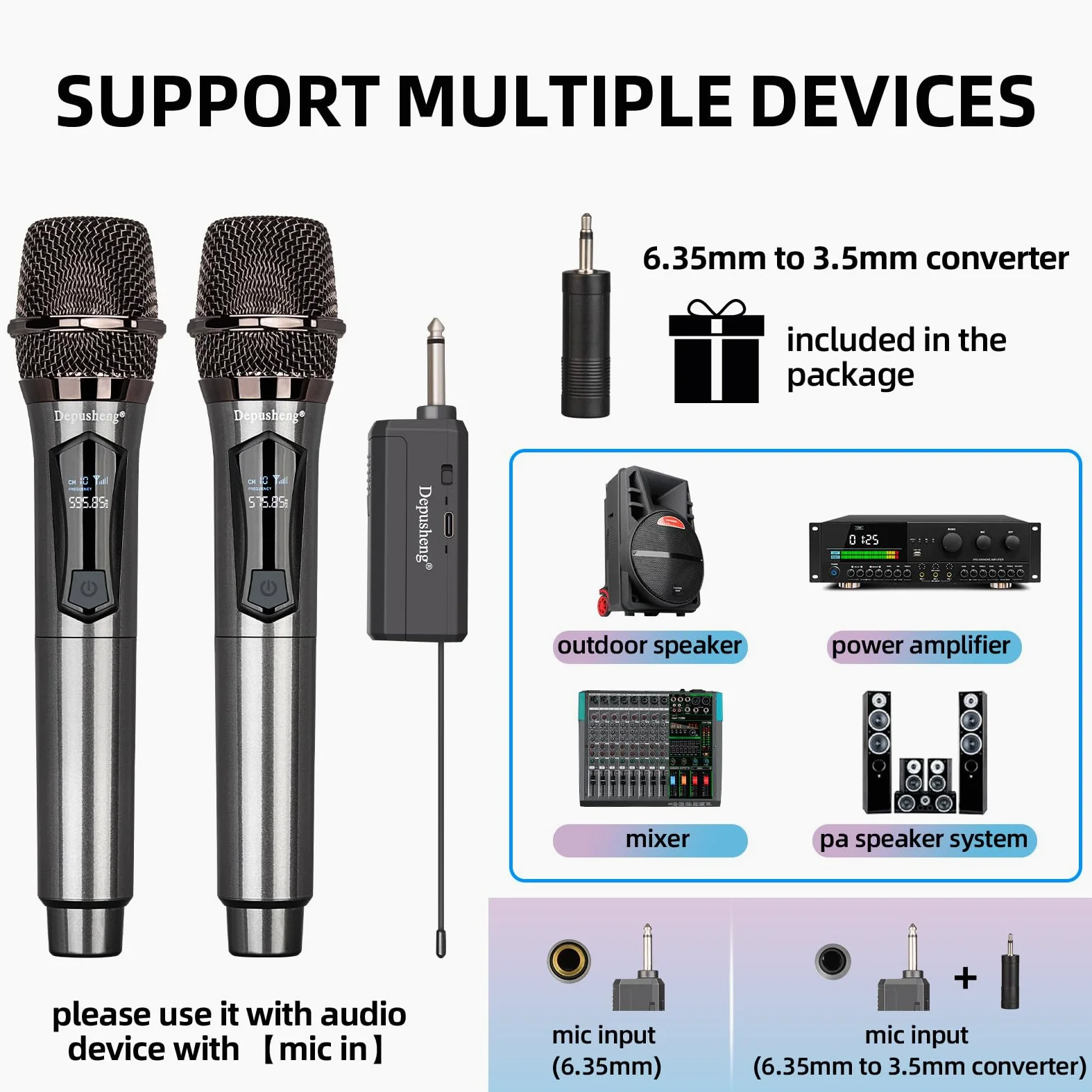 Depusheng Microfoni senza fili, sistema microfono karaoke, microfonos Inalambricos con ricevitore ricaricabile, microfono dinamico cordless per canto, matrimonio, DJ, festa, discorso