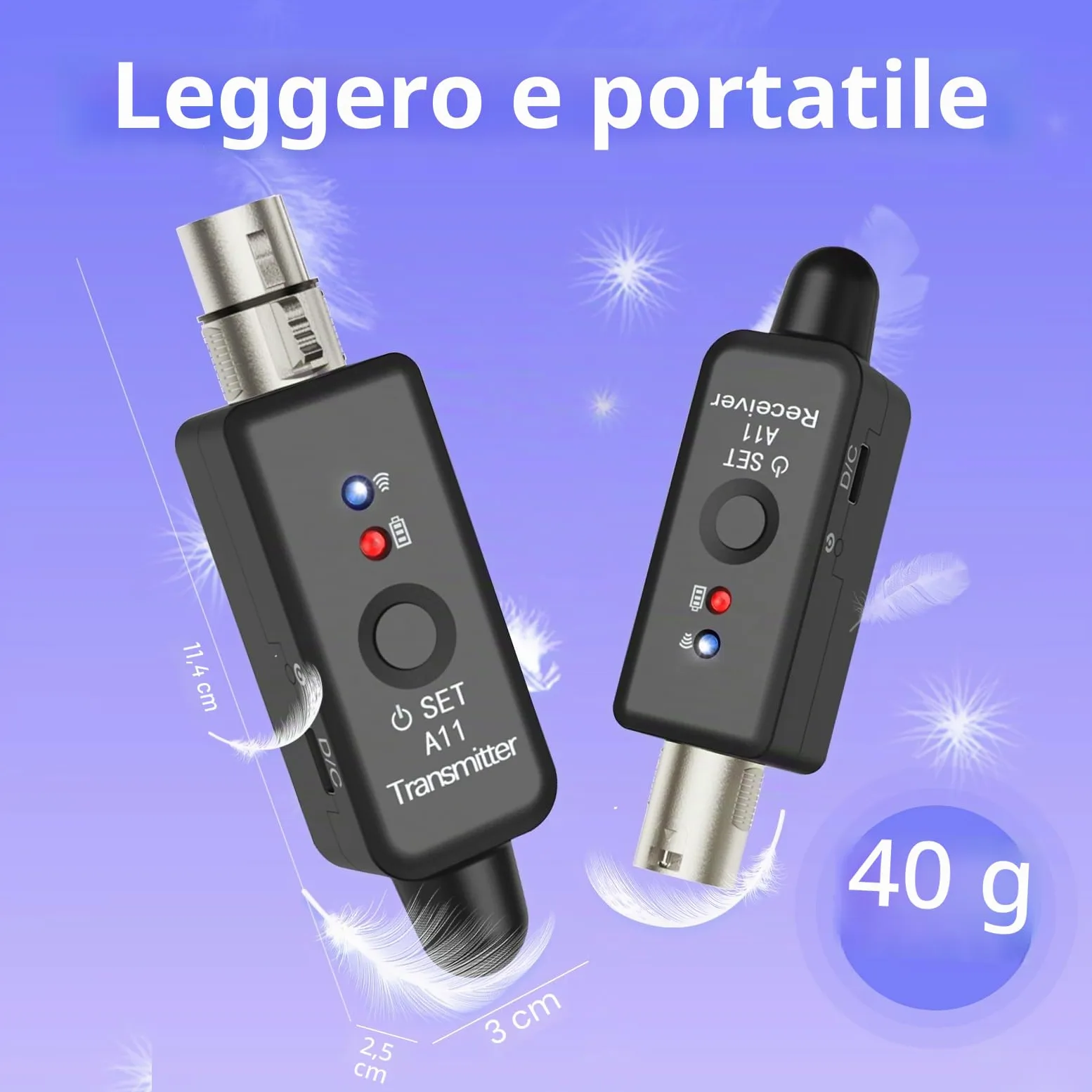 A11 2,4GHz Sistema Microfonico Senza Fili – Trasmettitore & Ricevitore con 4 Canali, Adattatore XLR Plug-on, Adatto per Microfoni Dinamici/a Condensatore, Mixer Audio (1TX + 1RX)
