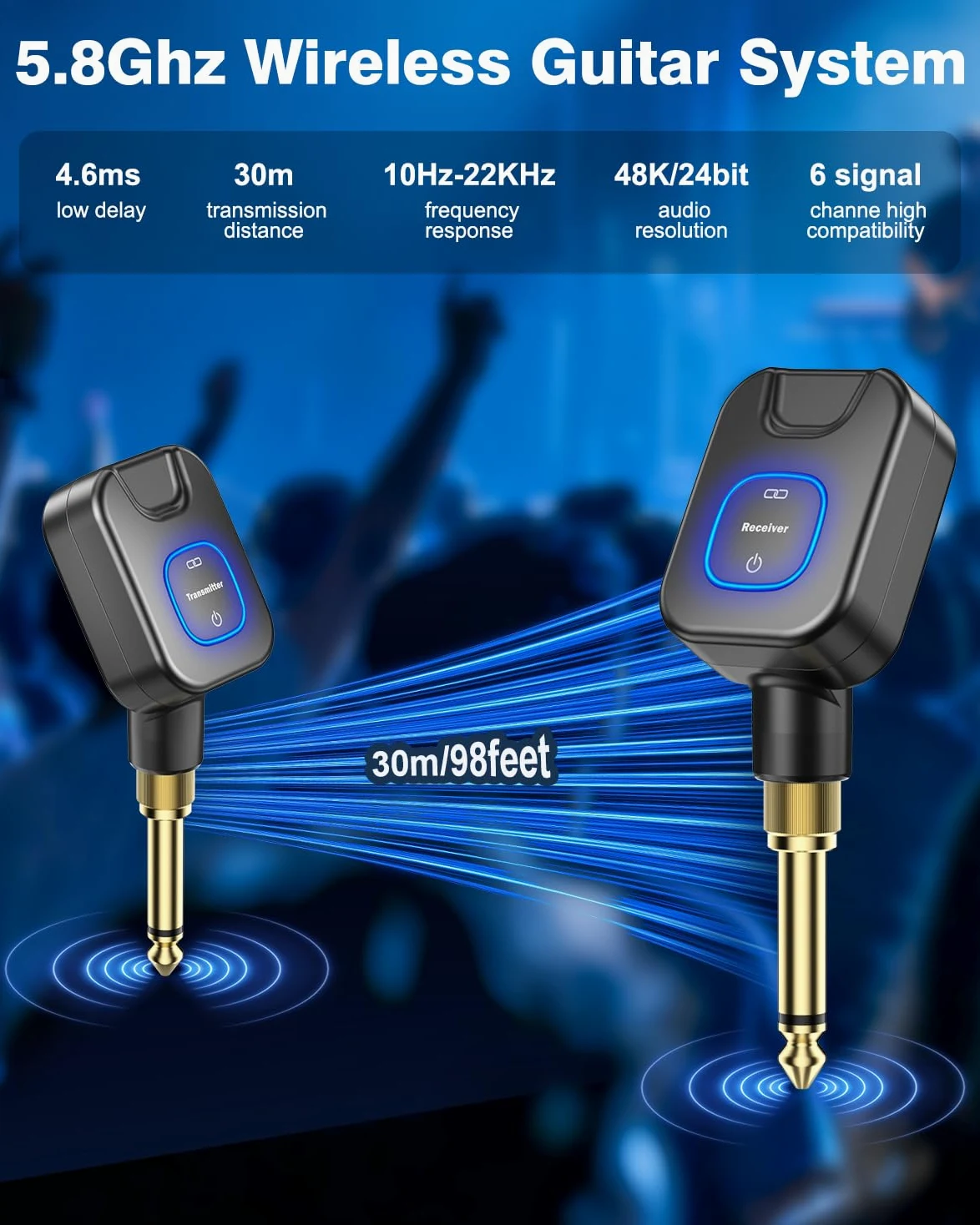 New Bee Sistema di chitarra wireless 5.8G con scatola di ricarica, suono ad alta fedeltà, ricevitore trasmettitore audio a 6 canali per chitarra elettrica, basso
