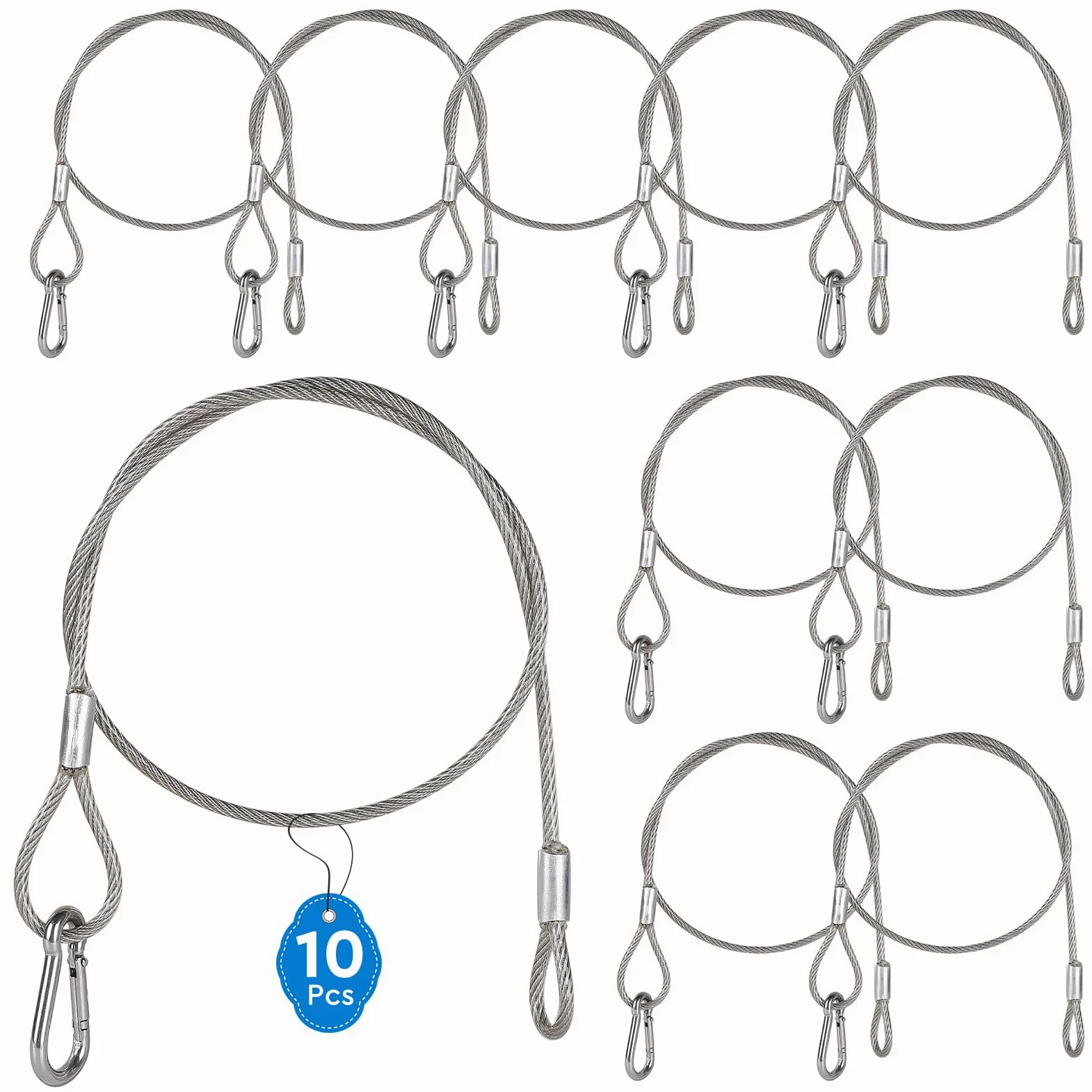 EFUTURETIME 10 x Cavo di Sicurezza in Acciaio Inox da 80 cm con Moschettone di Sicurezza n° 5, Cavetto Ø4 mm con Guaina in PVC Trasparente per Appendimanto Luci, Portata 50 kg