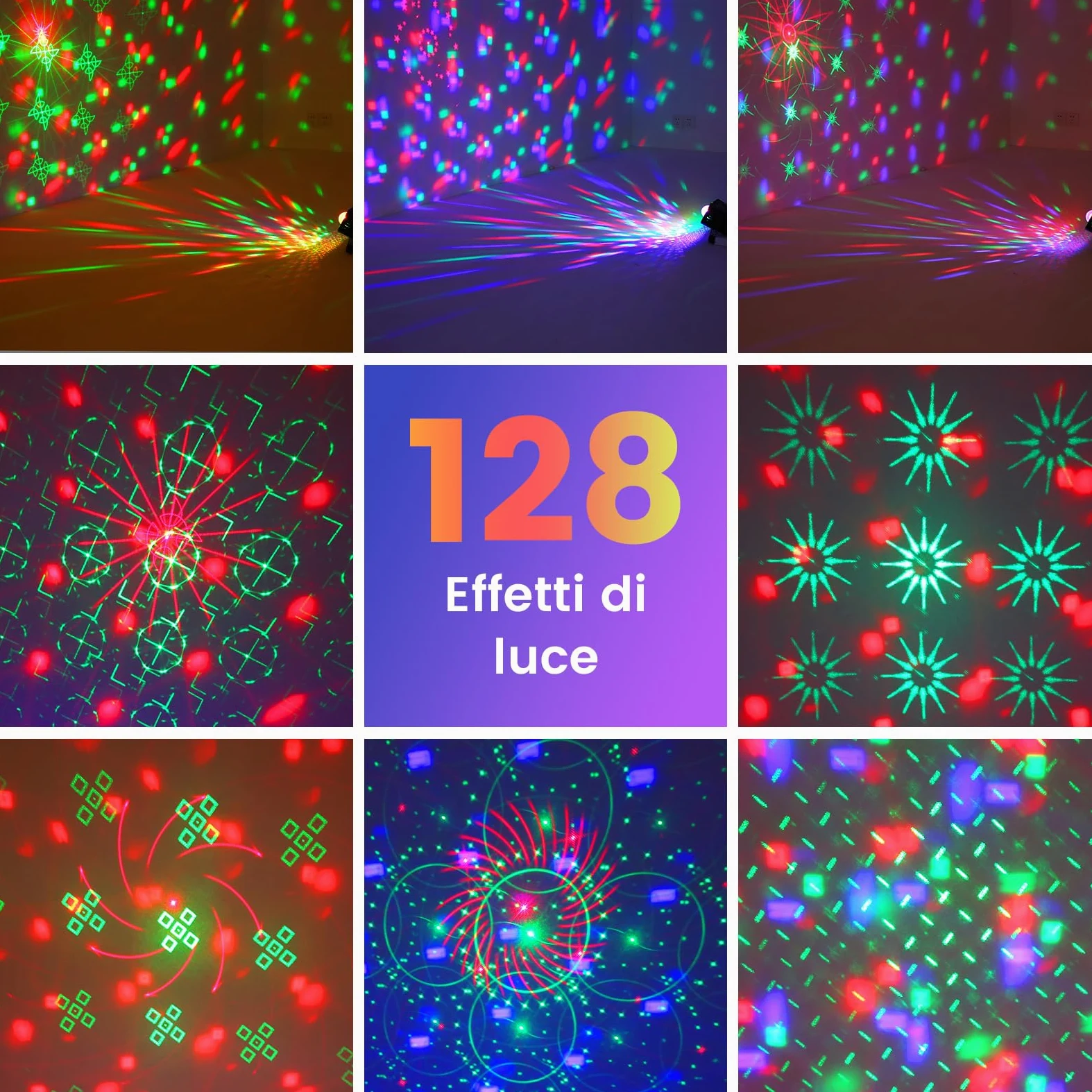 JONRRYIN Luci Discoteca, 3 IN 1 Strobo Discoteca, Luci da Discoteca con Controllo Musicale, Laser Discoteca con Mando a Distancia y 128 Patrones per Feste, Compleanno, Pub