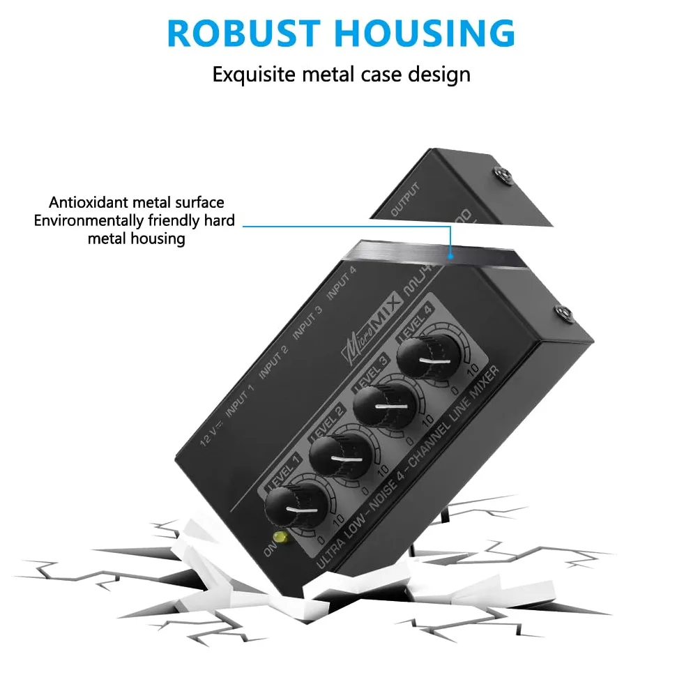 OFFCUP Mixer Audio, 4 Canali Mini Mixer Audio, Audio Mixer Portatile 4in1out, Mixer Basso Rumore per Microfoni Chitarre Bassi Tastiere e Mixer di Palco -Nero
