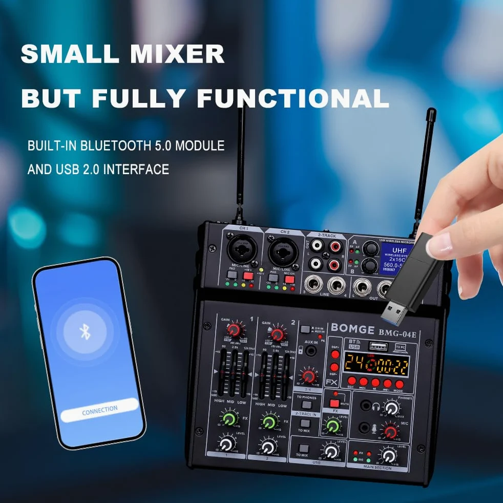 BOMGE Mixer audio karaoke 04E, mixer a 4 canali con doppio microfono wireless UHF, console audio MP3, Bluetooth 48 V, alimentazione phantom, interfaccia audio USB, mixaggio per DJ per feste, computer,
