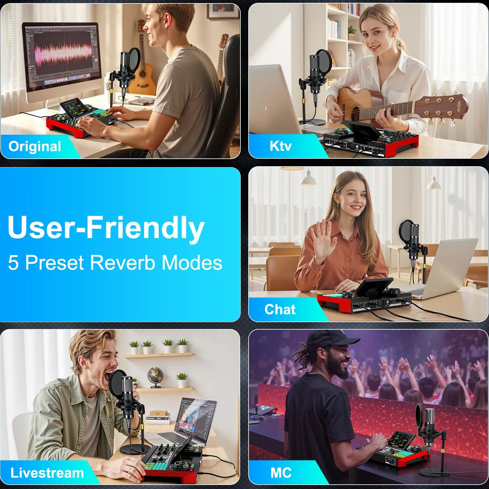 Denoise (P15) - Set di attrezzature per podcast con microfono a condensatore da 3,5 mm per pc/telefono, live streaming, canto e registrazione di musica, mixer audio con scheda audio dal vivo, scheda