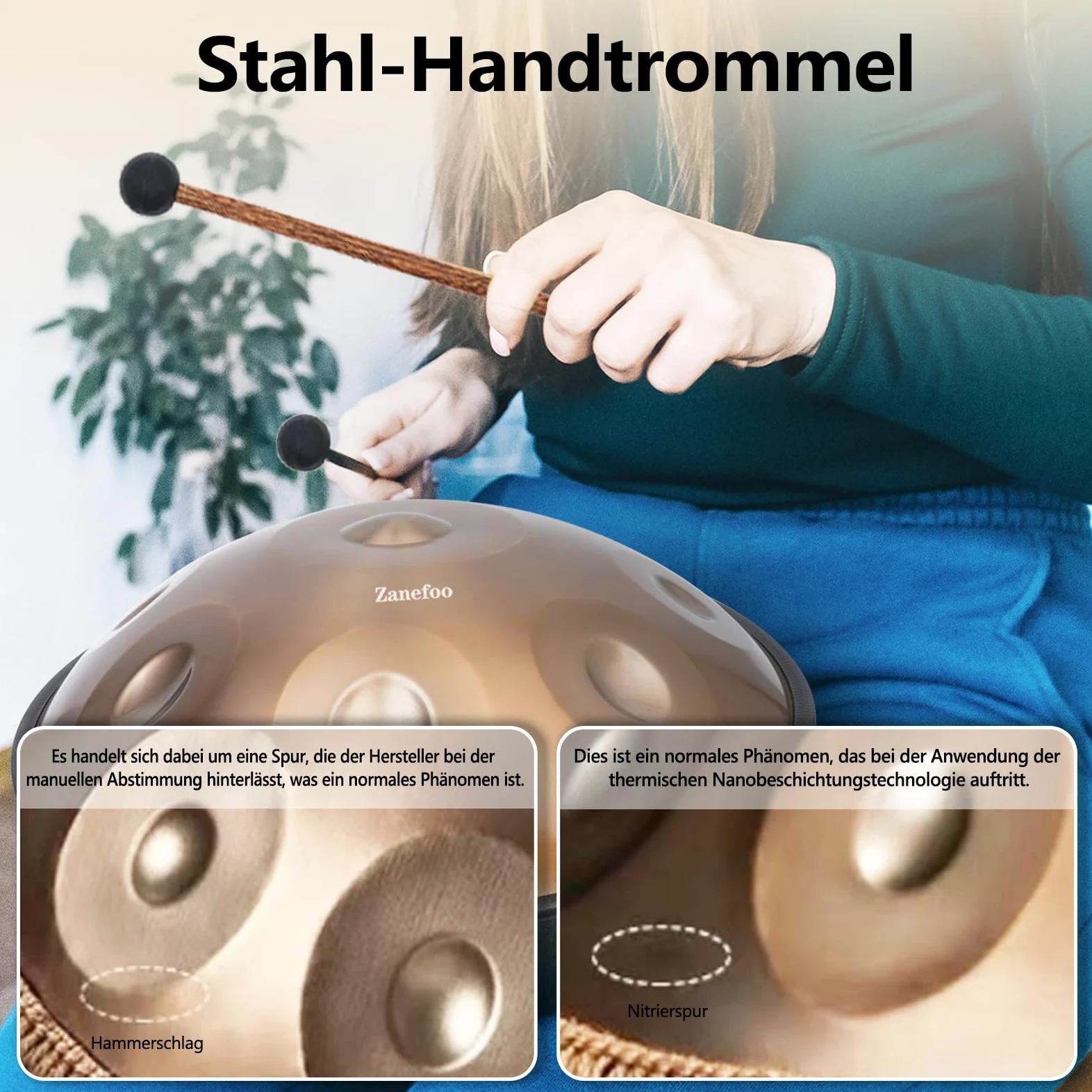 Handpan 22 Pollici (56cm) - 9 Note Re Minore (D-Minor) 432Hz | Acciaio Nitruro Professionale | Tamburo a Mano con Borsa per Yoga, Meditazione e Guarigione Sonora (Oro)