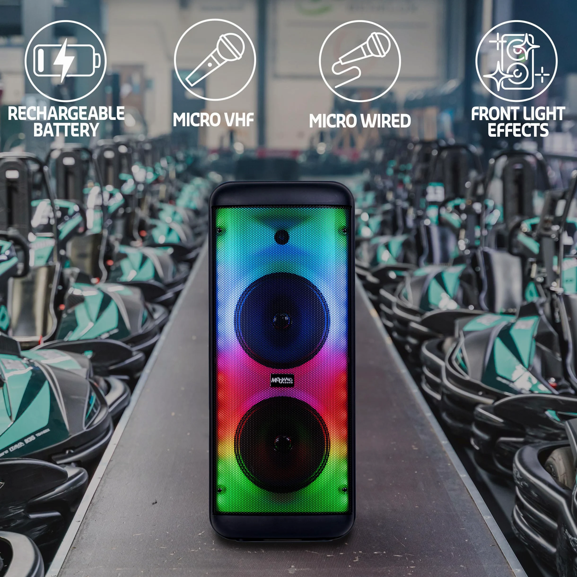 Mooving - MS-ELECTRO-SOUND600 - Altoparlante a batteria da 8"/600W con effetto luce sul pannello frontale, 1 microfono cablato e 1 wireless - Bluetooth/USB/AUX/MicroSD - Nero