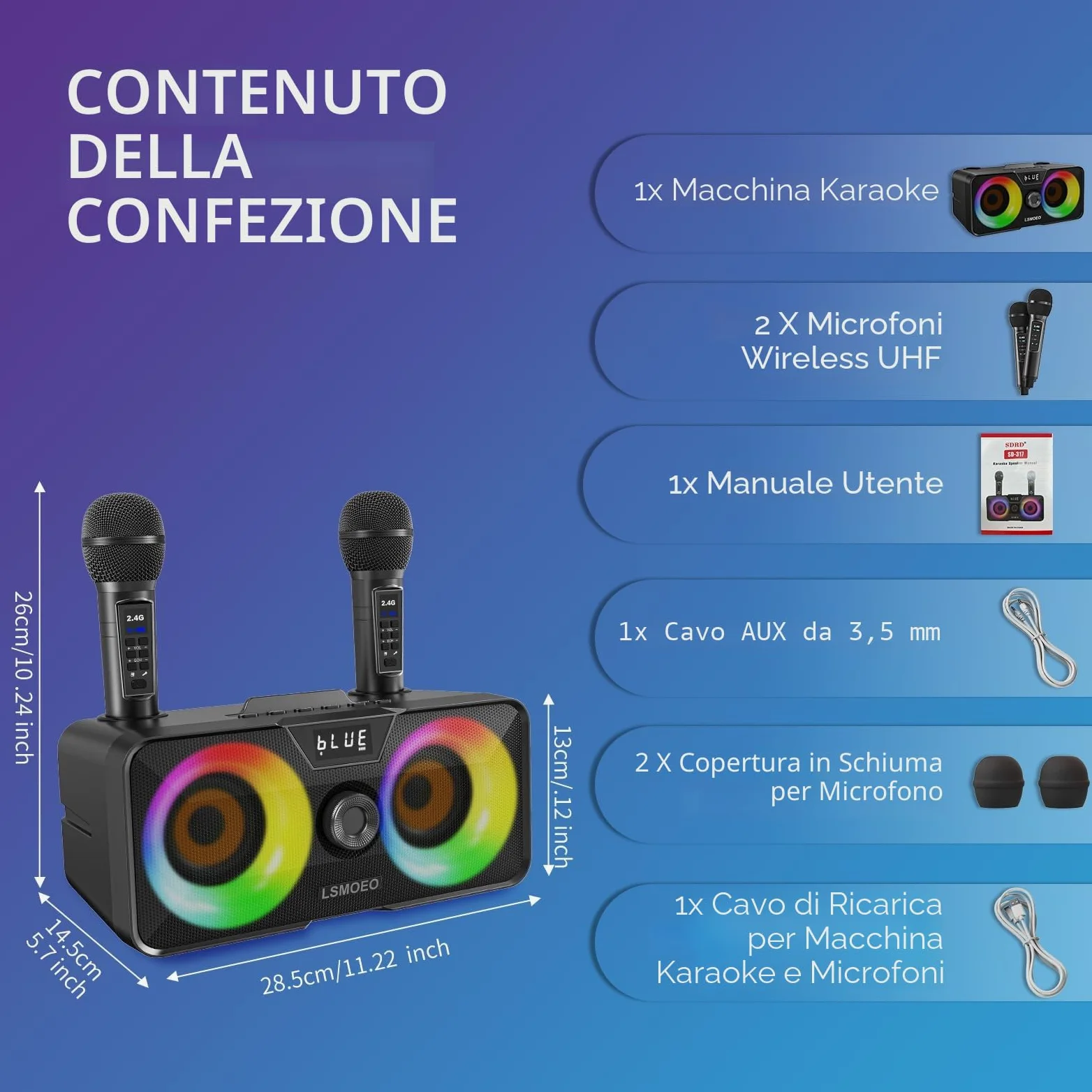 Casse Karaoke Portatile, Tutto-in-Uno Karaoke Professionale Completo con Cassa Bluetooth da 20W, 2 Microfoni Karaoke Wireless e Slot per Microfono Ricaricabile, Ideale per Karaoke Domestico
