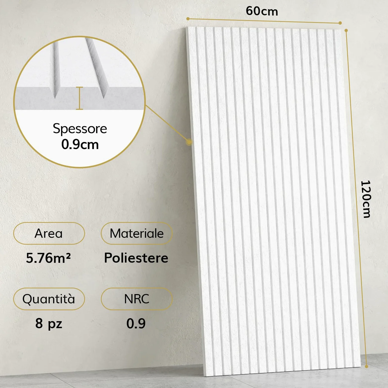 TONOR Pannelli acustici grandi, autoadesivi, 8 pezzi, 120 x 60 x 0,9 cm (5,76 m²), pannelli da parete autoadesivi realizzati con pannelli di isolamento acustico, rivestimento murale per pannelli