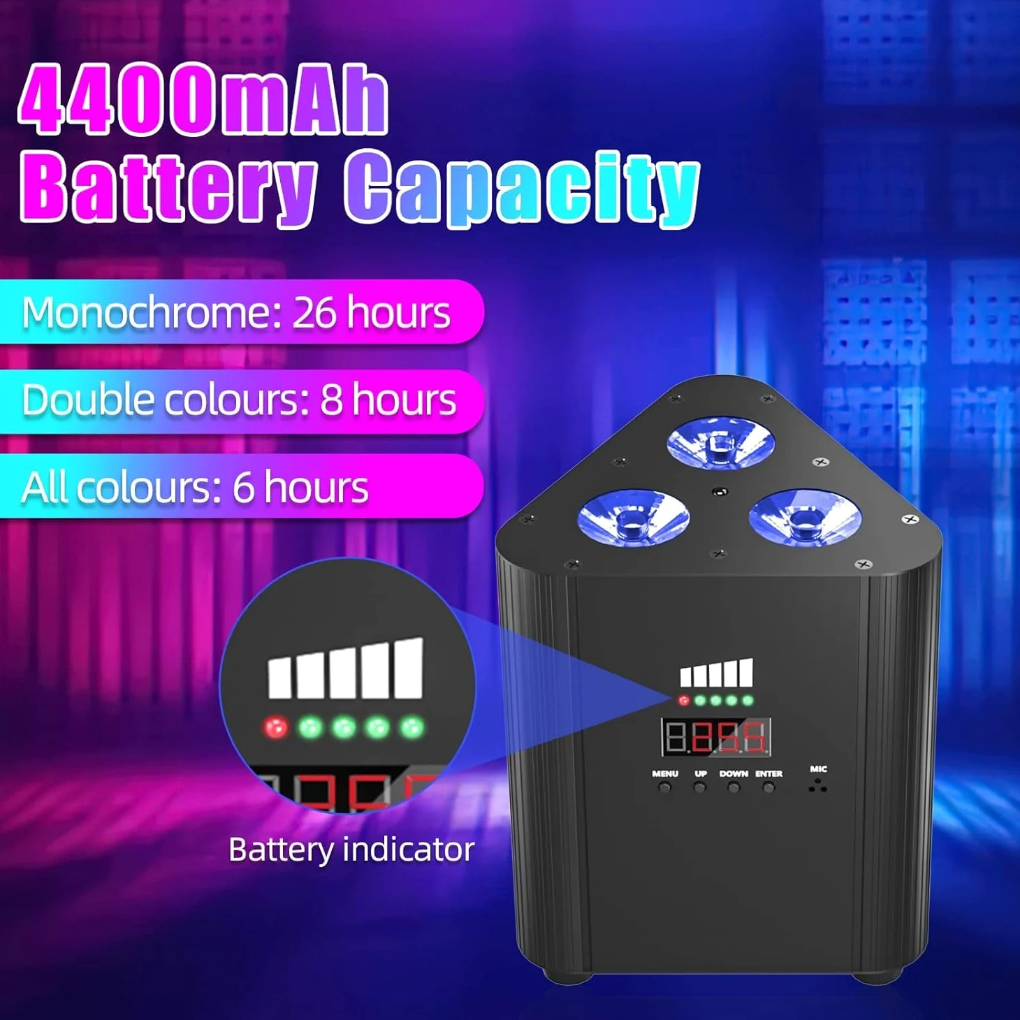 RGBW - Proiettore a LED ricaricabile batteria 4400 mAh, telecomando/controllo DMX, illuminazione da palco senza fili con indicatore di carica luce DJ per festa di Natale discoteca matrimonio