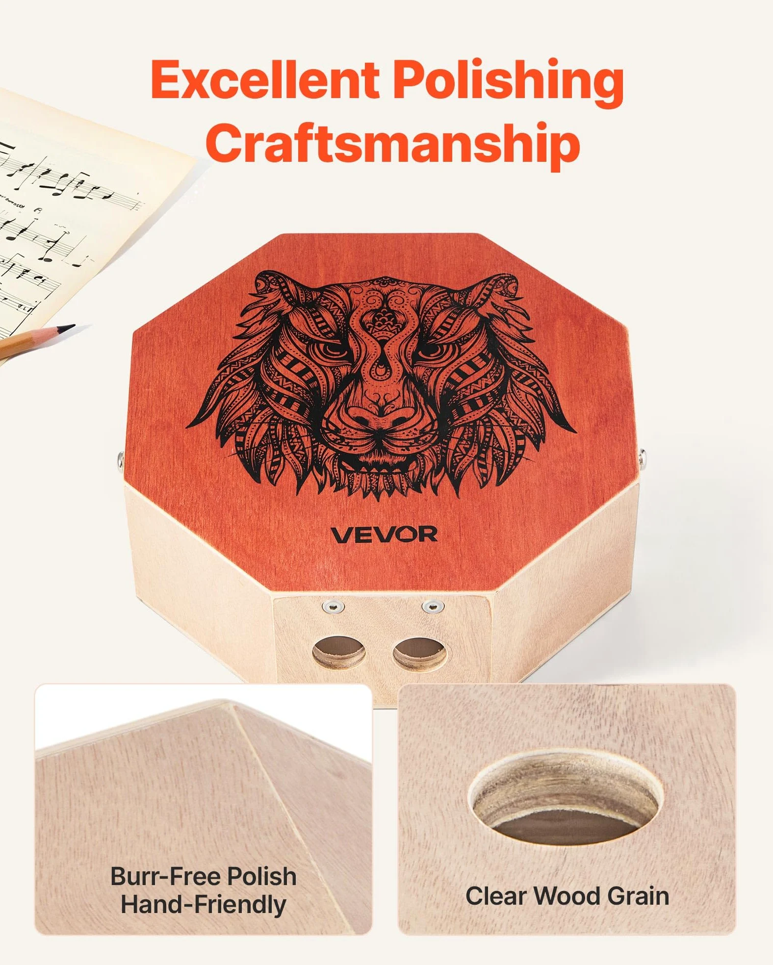 VEVOR Cajon Box Drum Unico, Con Corde per Chitarra Interne, Scatola di Percussioni in Legno Portatile, Strumento Musicale Portatile in Legno di Betulla con Tracolla Regolabile, 295 x 295 x 100 mm