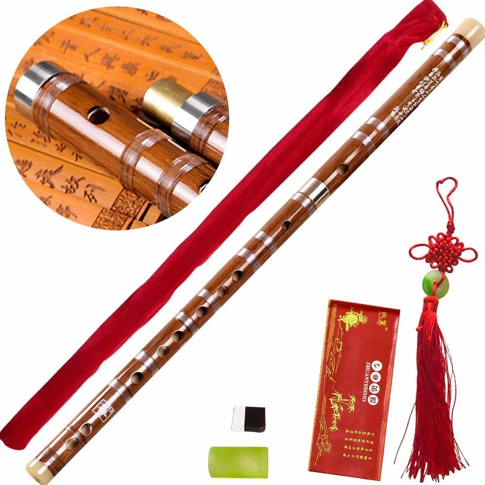 Flauto Dizi in bambù amaro con chiave in F, strumento musicale tradizionale cinese fatto a mano in chiave di F, con membrana, colla e set di protezione (marrone)