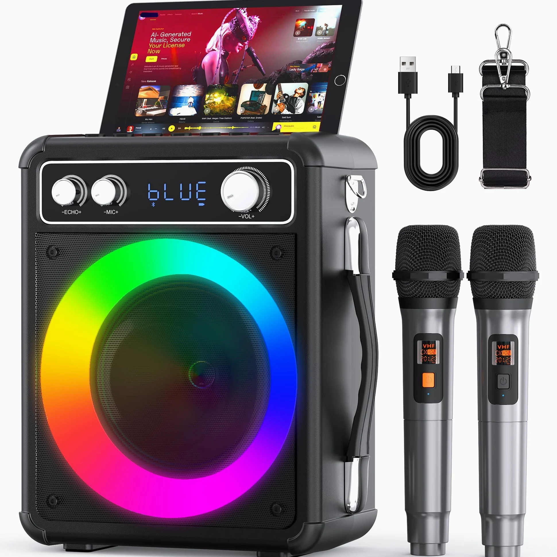 Ankuka Karaoke con Microfono, Altoparlante Bluetooth Portatile con 2 Microfoni Wireless, Macchina Karaoke con Potenza Audio 15W, Supporta TWS/Rec/FM/AUX/USB/TF per Feste a Casa
