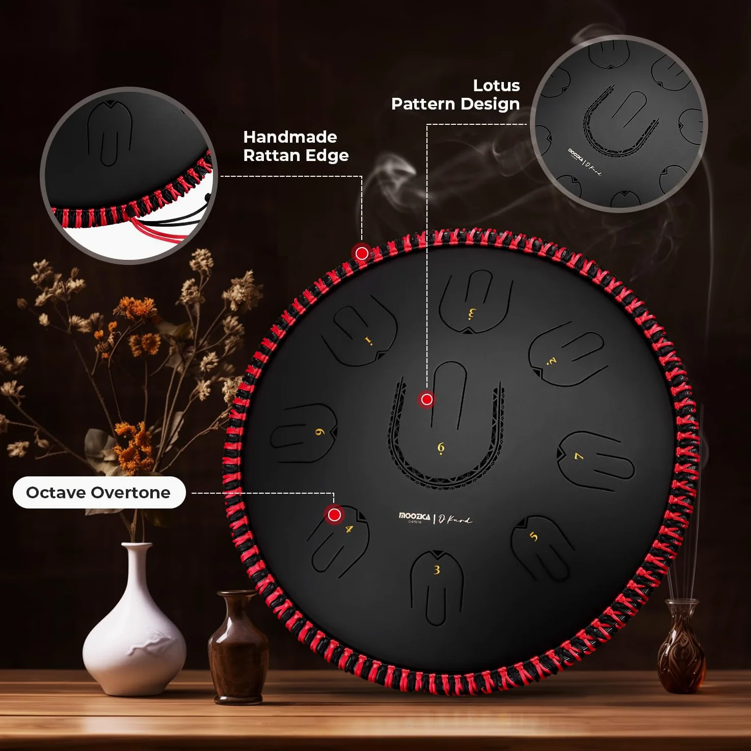 MOOZICA Steel Handpan Tongue Drum, Tamburo Tongue Portatile da 14" in Scala D-Kurd con Design Ottava Overtone, Tamburo Handpan per Principianti e Professionisti (D-Kurd, Nero)