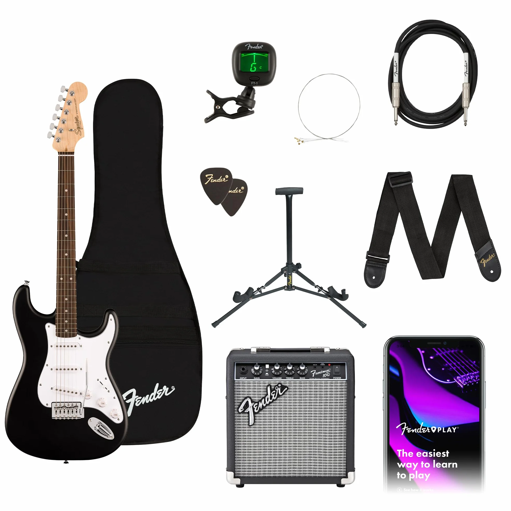 Fender Squier Debut Series Stratocaster Chitarra Elettrica Kit - Accessori Inclusi: - Stand - Ampli Frontman 10G - Gig Bag Imbottita - Tracolla - chitarra elettrica - Cavo da 3 m - Accordatore FT-1