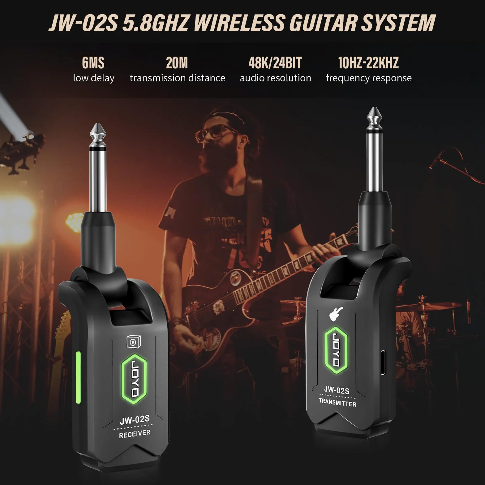 JOYO Sistema di chitarra wireless da 5,8 GHz, ricevitore audio ricaricabile con 4 canali di segnale per chitarra elettrica, basso 20 m (JW-02S)