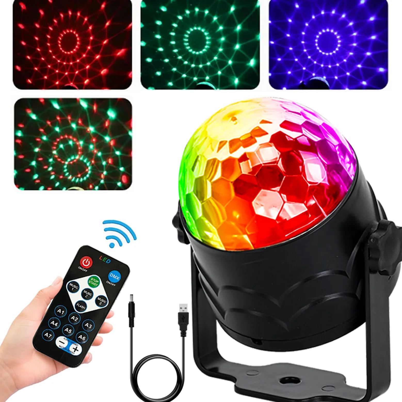 Luci Discoteca LED - 360° Ruotabile Palla da Discoteca Luci da Festa a Ritmo di Musica Luce Discoteca Stroboscopica 7 Colori RGB con Telecomando e Cavo USB per Casa, KTV, Bar, Feste, DJ, Car, Natale
