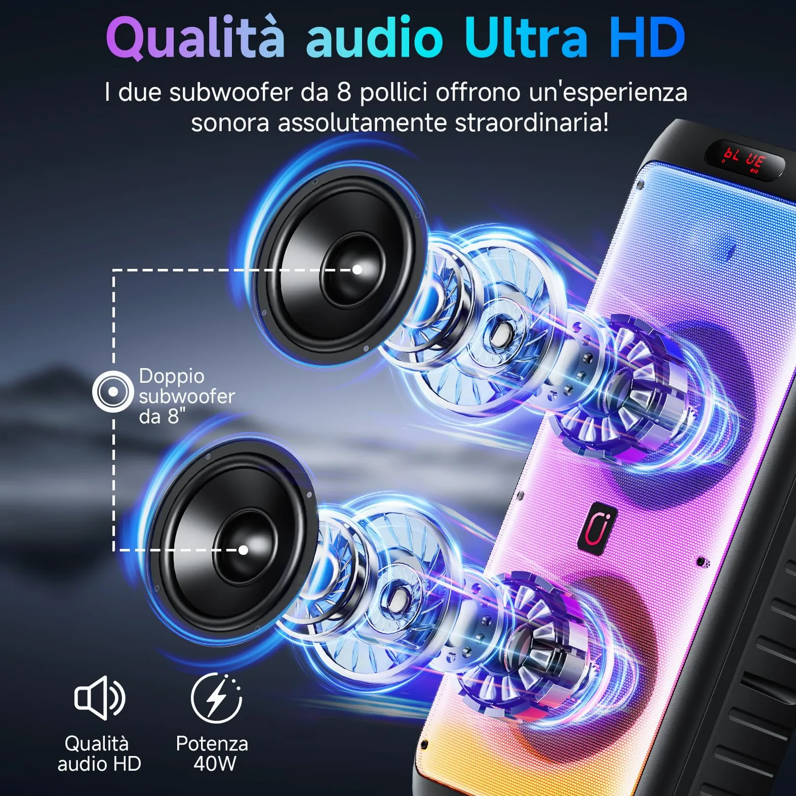 JYX Sistema Karaoke con 2 Microfoni Wireless, Altoparlante Karaoke Bluetooth Portatile Professionale con Luci LED, Ideale per Feste in Famiglia e Regali, Supporta USB/TF/AUX/MIC/TWS