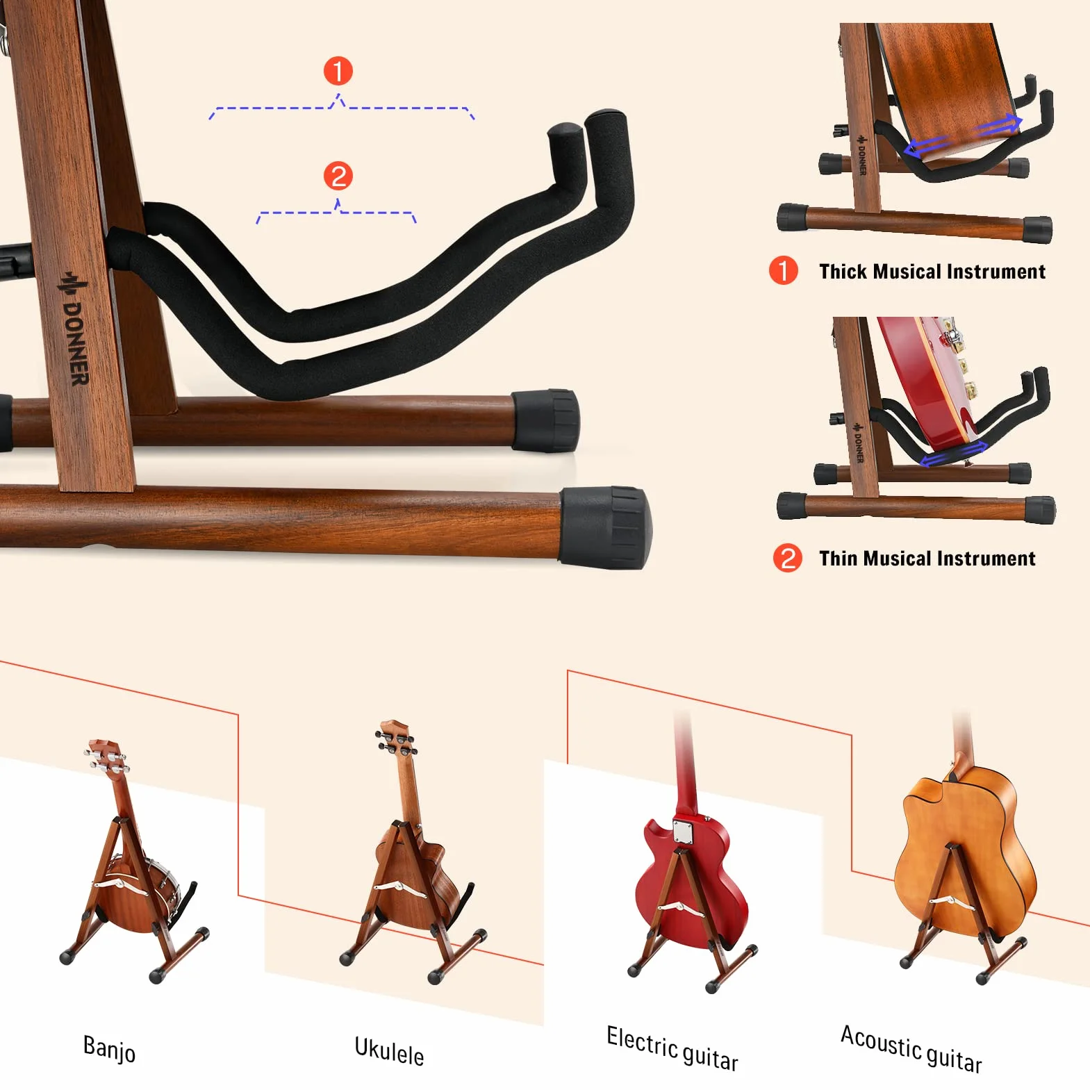 Donner Supporto per chitarra in legno di acacia, Porta Chitarra da Terra Universale Portatile per chitarra acustica, elettrica e classica, mandolino, basso, banjo (DS-3)