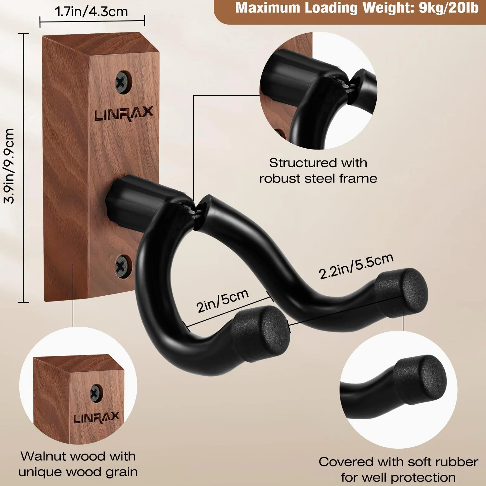 GH1 Supporto da Parete per Chitarra, 2 Pezzi, Gancio Chitarra in Noce Nero con Viti, Porta Chitarra da Muro per Chitarra Acustica Elettrica Basso Banjo Mandolino, Appendi Chitarra da Muro
