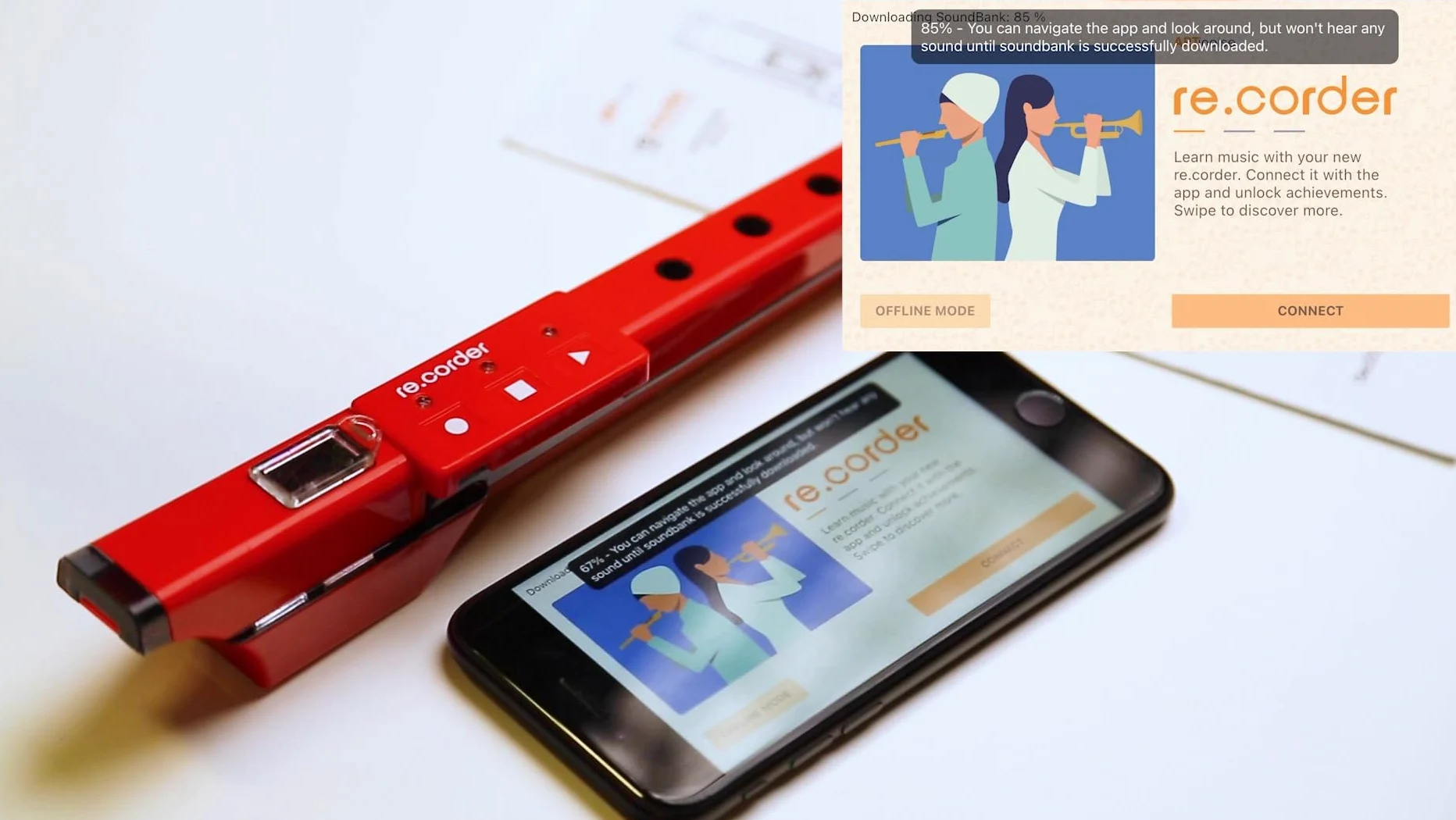ARTinoise re.corder,flauto acustico digitale e controller MIDI wireless,App mobile 32 timbri,spartiti e esercizi su basi musicali,diteggiature personalizzabili,4 modalità di riproduzione (ROSSO)