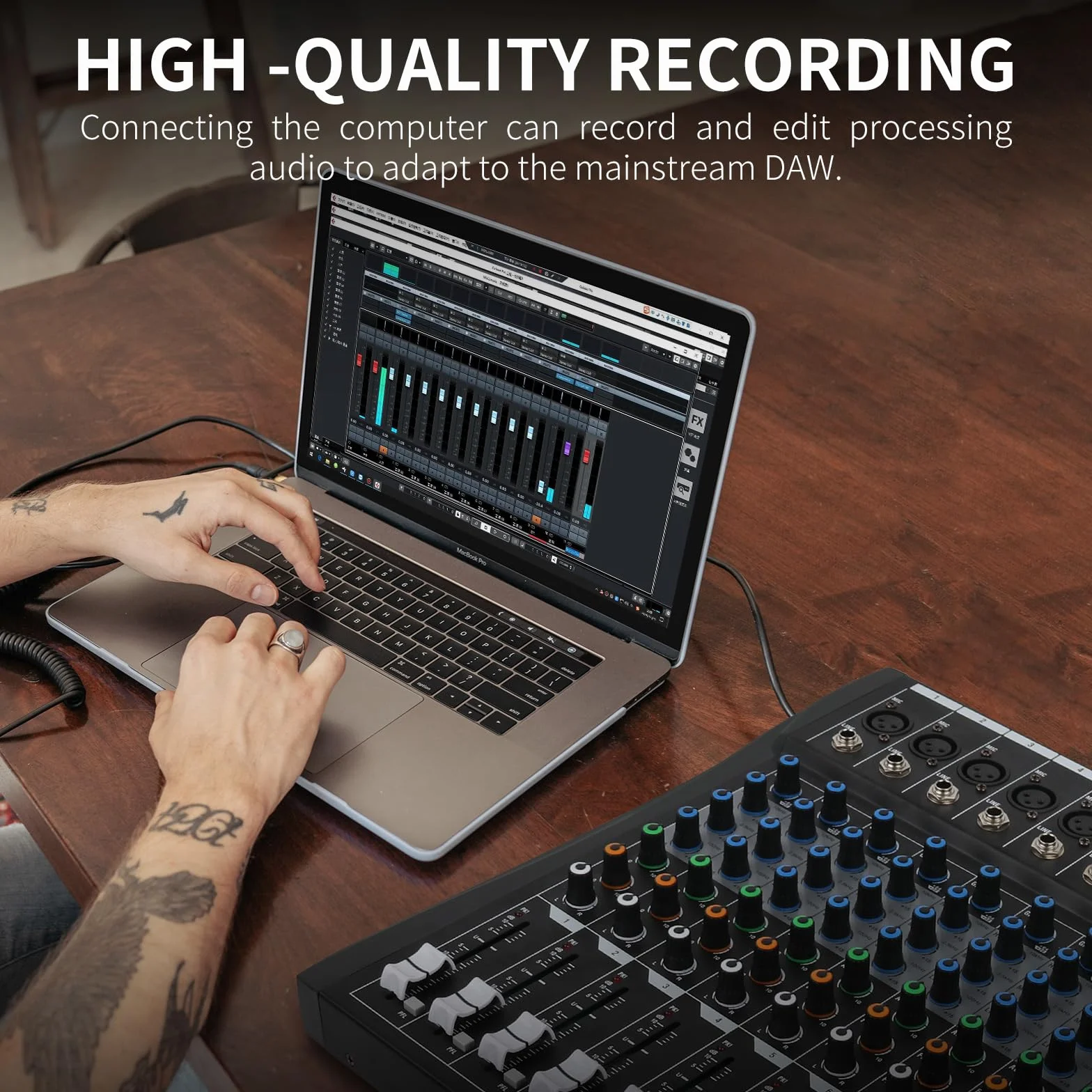 XTUGA Mixer audio a 6 canali per la registrazione del computer di controllo del suono, mixer audio effetto digitale integrato con alimentazione phantom da 48 V, CT60