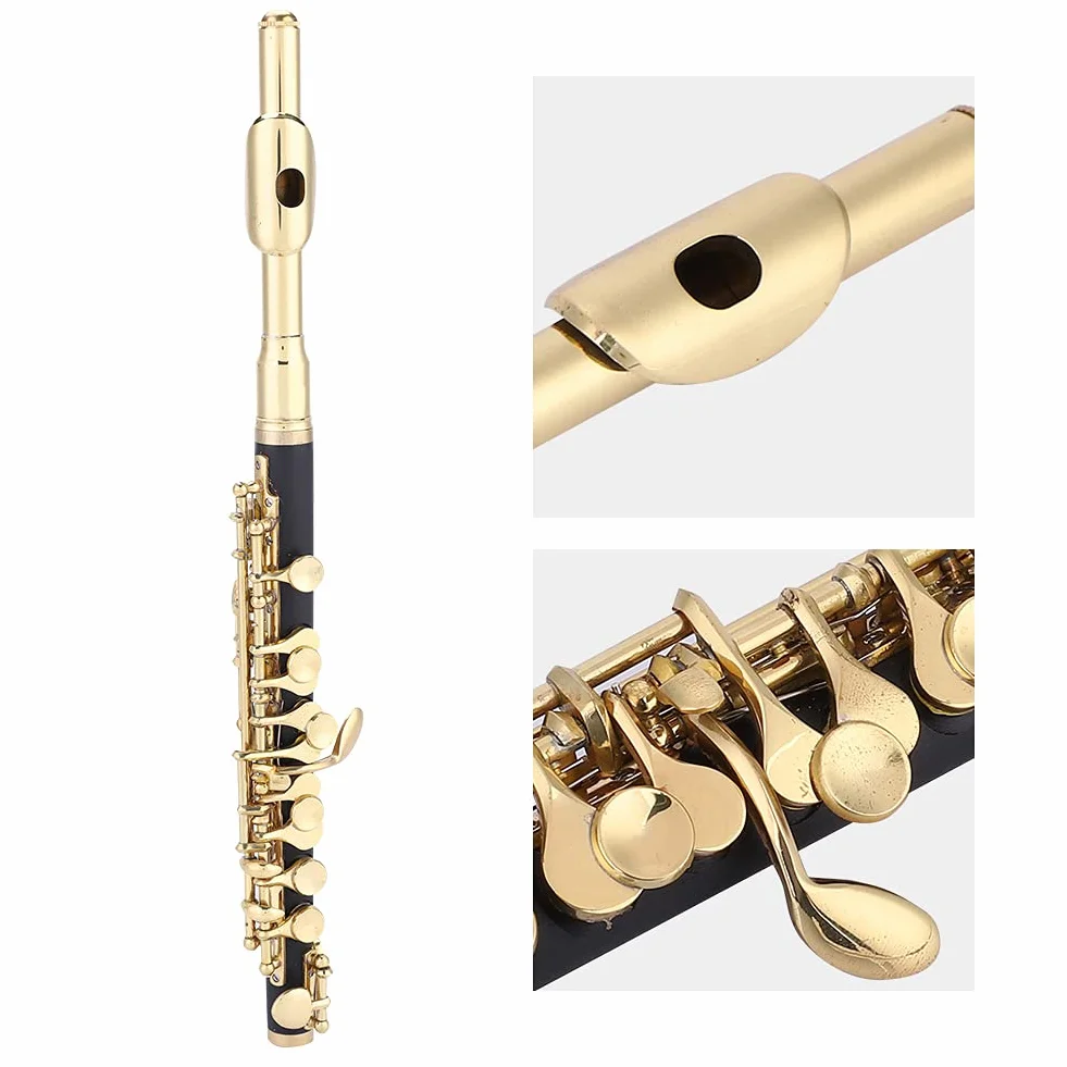 Ottavino Piccolo, Mezzo Flauto Placcato C Key Tone Ottavino Piccolo con Custodia Imbottita E Panno Per La Pulizia Per Principianti(D'oro)