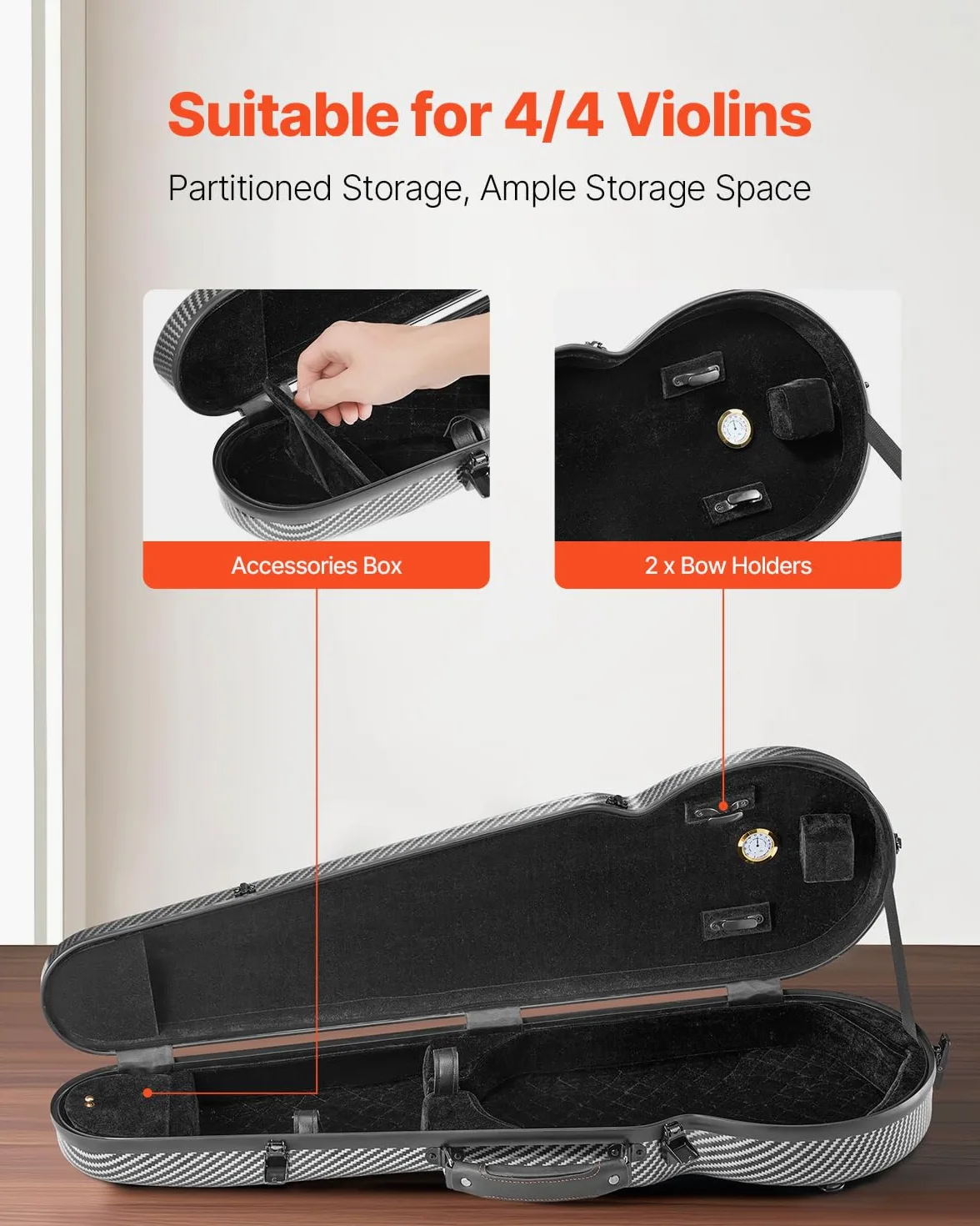 VEVOR Custodia per Violino, Dimensione Completa 4/4, Custodia da Viaggio per Violino 4/4, Igrometro Incorporato, con Fodera in Peluche, Doppie Tracolle, Antigraffio, Forma Triangolare, Nero