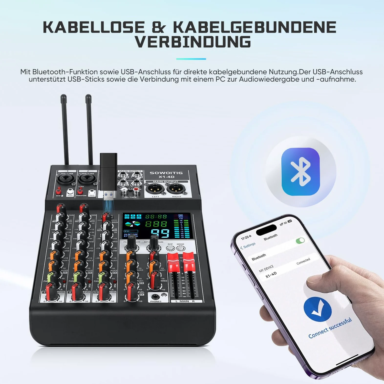Mixer audio a 4 canali con 2 microfoni senza fili, console professionale DJ con 99 DSP MP3 Bluetooth 48 V alimentazione phantom PAD e interfaccia USB per registrazione, karaoke domestico e streaming