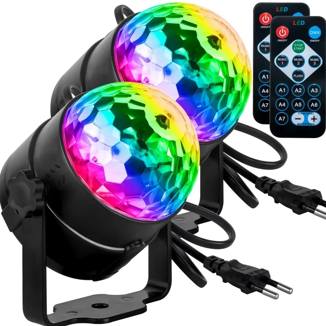 Sfera da discoteca, 2 pezzi, controllata dalla musica, luci per feste, 360°, rotanti, luci per palcoscenico, luce per effetto DJ stroboscopio con telecomando per Natale, Halloween, compleanni, club