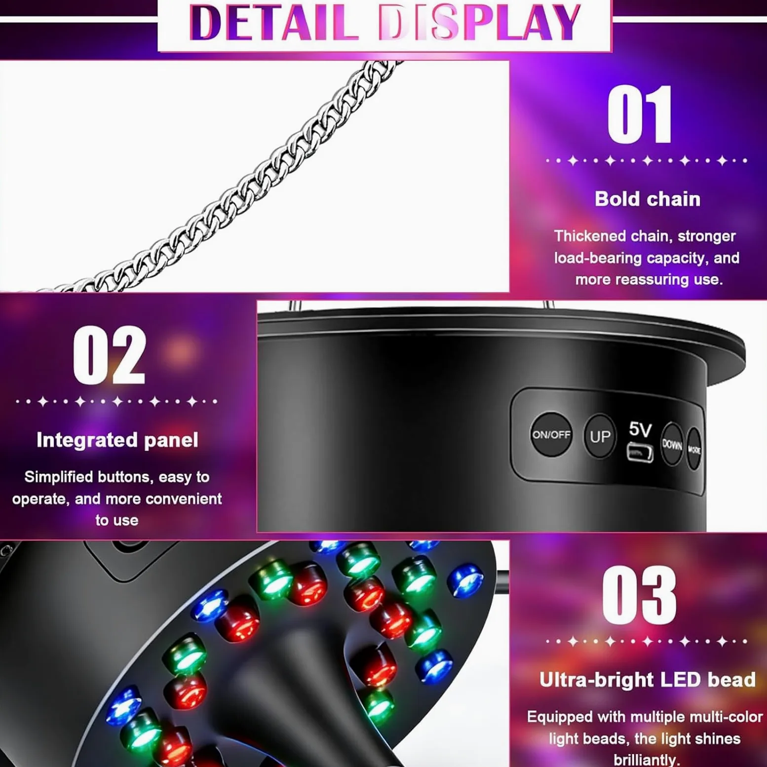 Sfera da discoteca, motore a 30 LED RGB con telecomando, velocità di rotazione regolabile 0-15 giri/min, motore rotativo a LED, motore rotante, sfera a specchio, motore silenzioso per sfere di specchi