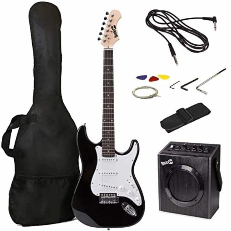 RockJam RJ20WAR2 Superkit per chitarra elettrica di dimensioni standard con amplificatore per chitarra, corde per chitarra, accordatore, tracolla per chitarra, custodia e cavo nero
