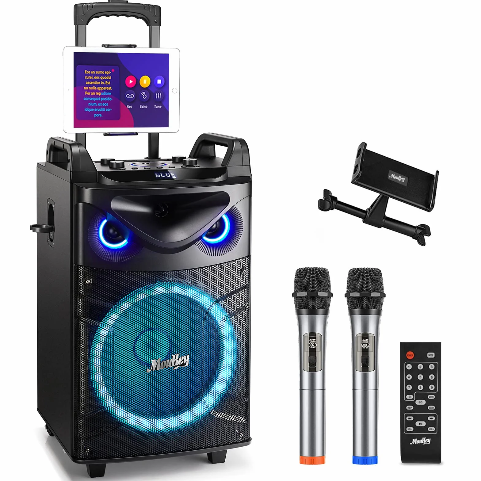 Moukey Casse Karaoke con 2 Microfoni wireless, Altoparlante portatile Bluetooth con Luci per feste, Regolazione di eco/alti/bassi, Woofer da 12 pollici Sistema PA Supporto TWS/REC/AUX IN/MP3/USB/TF/FM