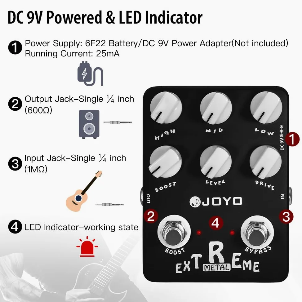 JOYO Pedale di distorsione in metallo con equalizzatore a 3 bande e boost di guadagno basso-medio-alto per effetto chitarra elettrica - Bypass (Extreme Metal JF-17)