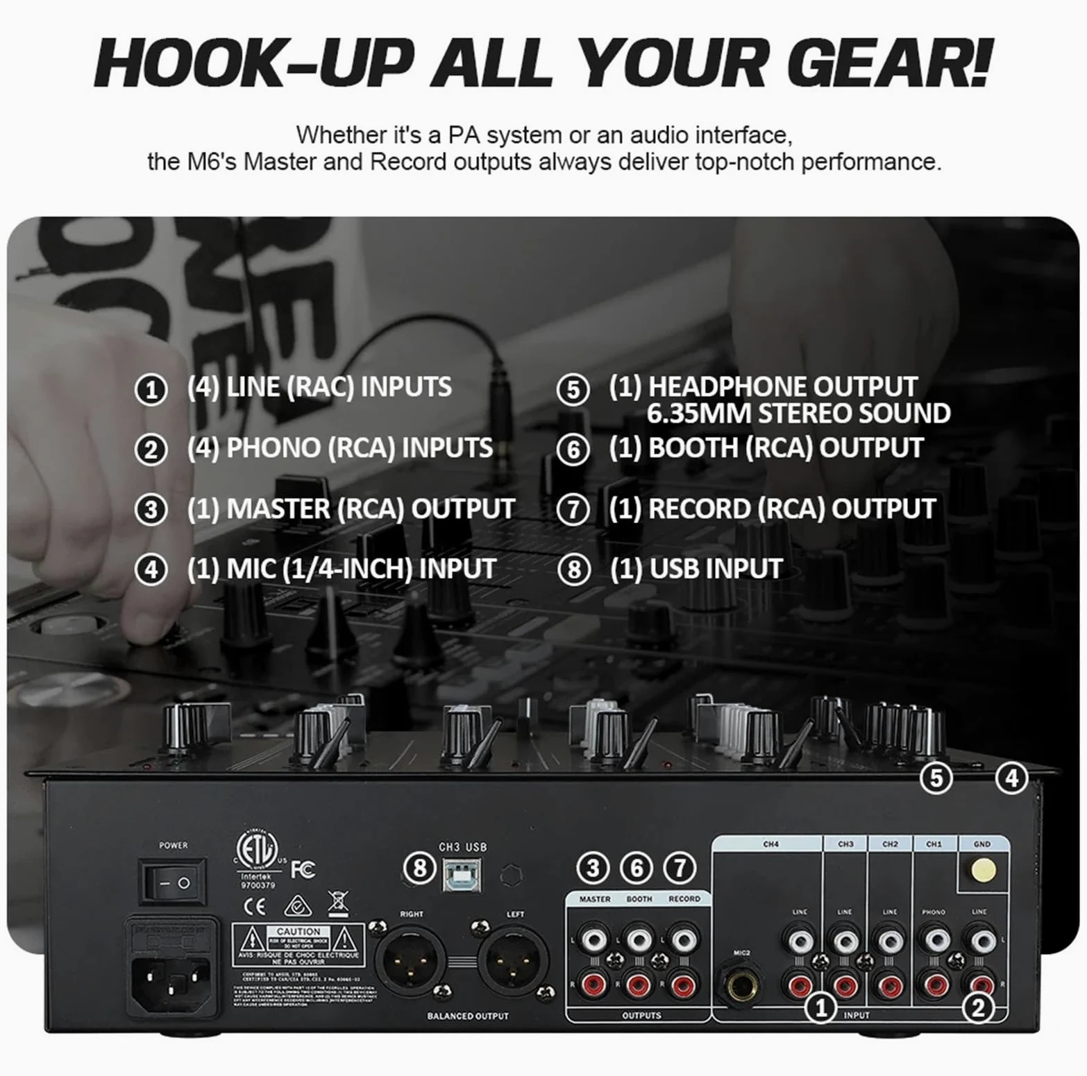 DJ Controller, Mixer DJ USB a 4 canali con interfaccia integrata, equalizzatore a 3 bande, ingresso fono e crossfader sostituibile for DJ Stage