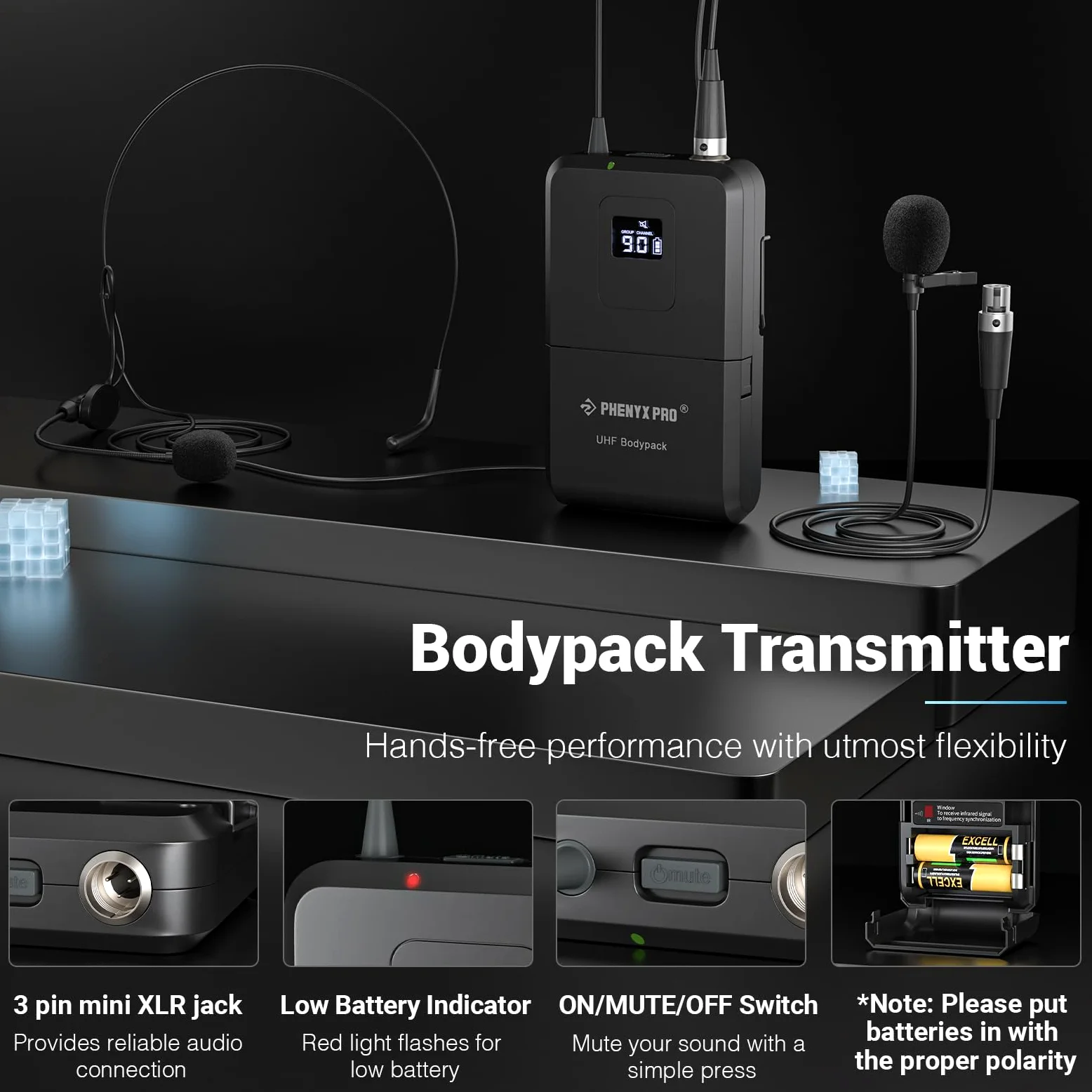 Phenyx Pro Sistema microfono wireless professionali doppi con microfoni palmari, bodypack e da bavero, scansione automatica, 2x100 frequenze UHF, portata di 328 piedi per canto, karaoke (PTU-71-1H1B)