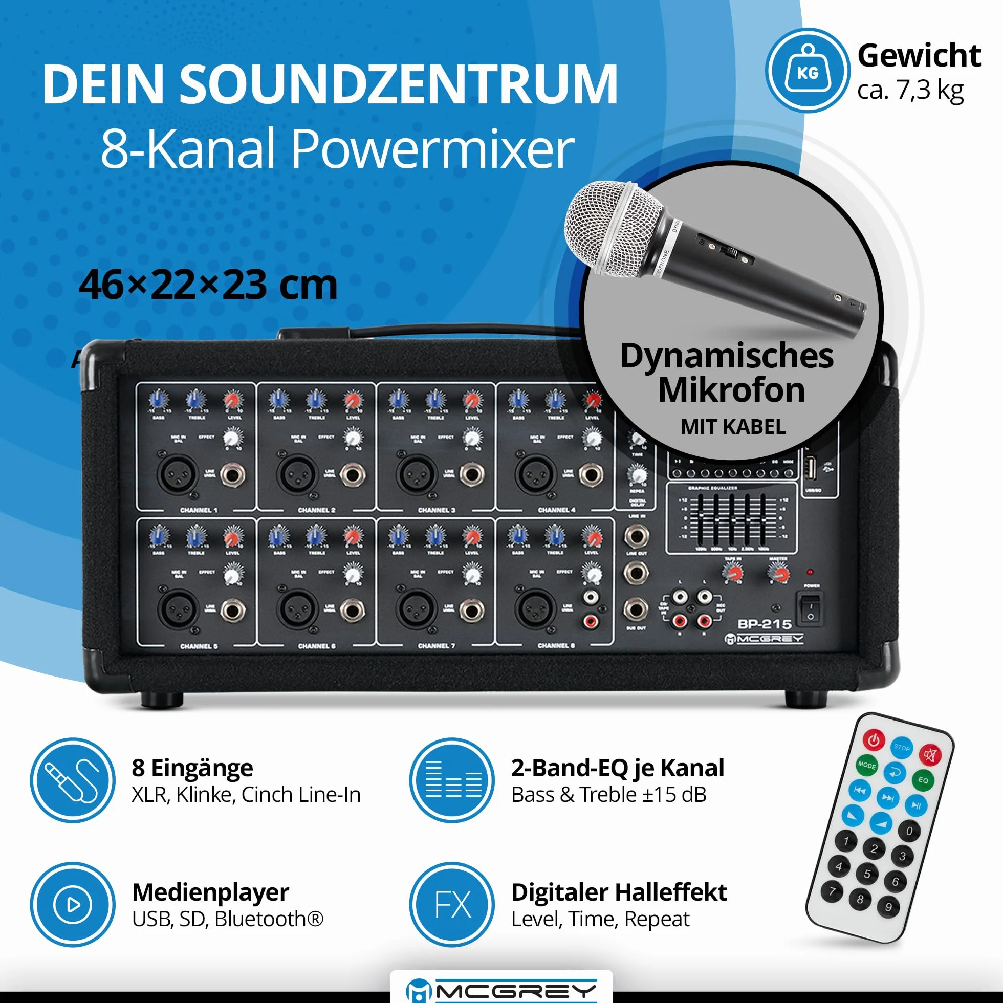 McGrey BP-215 Bandpack PA-System: mixer amplificatore 8 canali, riverbero digitale, Bluetooth, slot USB/SD, casse 2 vie 15" woofer, microfono, supporti, cavi, 150 Watt.