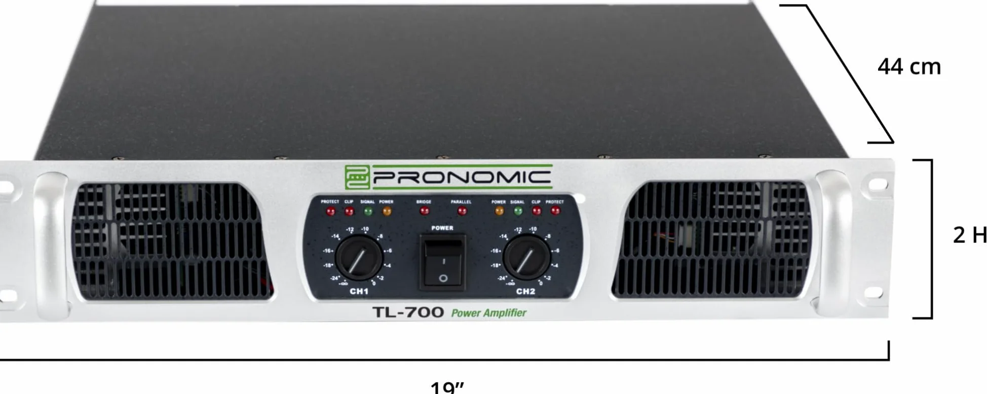 Pronomic TL-700 Finale - Amplificatore Stereo 2x1600W@2O, ventola termoregolata, modalità Parallel/Stereo/Bridge, circuiti protezione, uscita Class H.