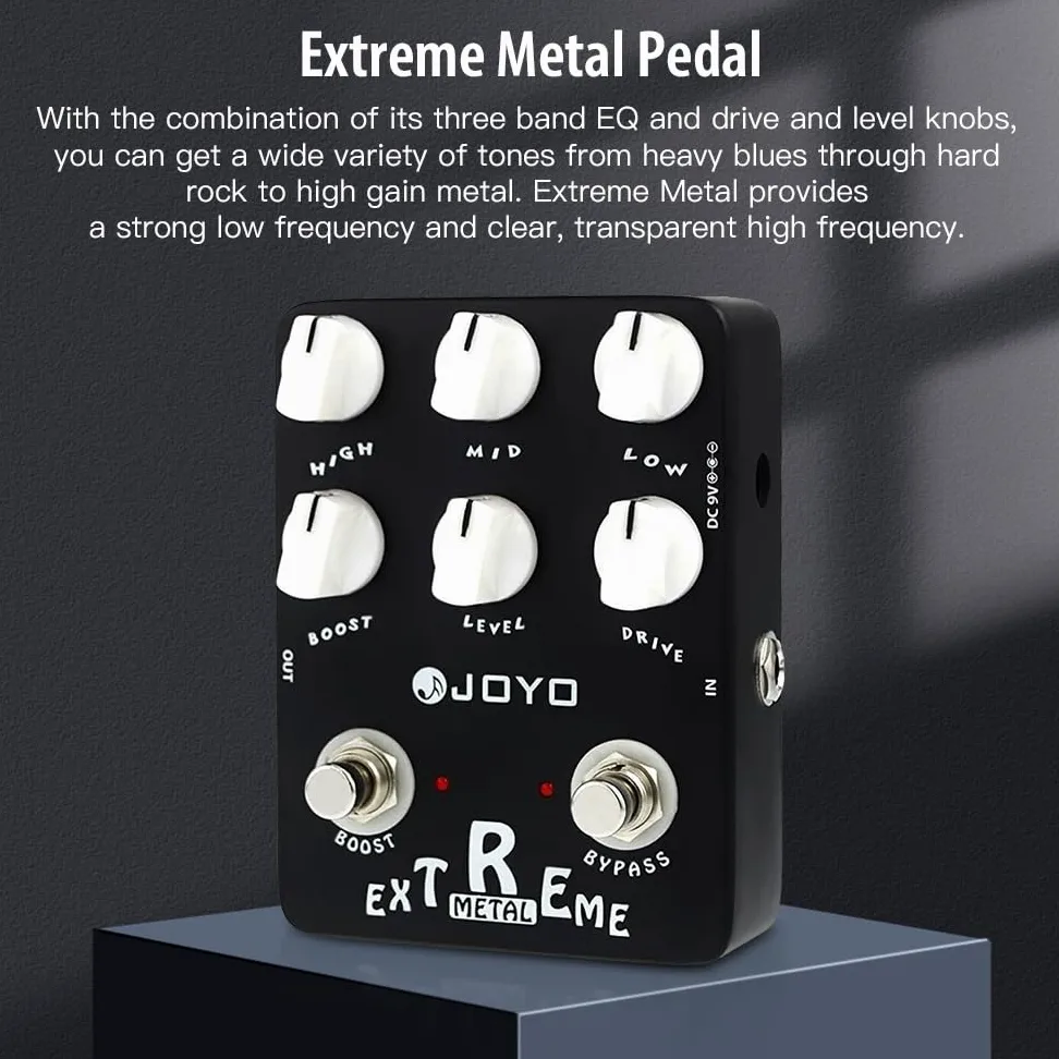 JOYO Pedale di distorsione in metallo con equalizzatore a 3 bande e boost di guadagno basso-medio-alto per effetto chitarra elettrica - Bypass (Extreme Metal JF-17)