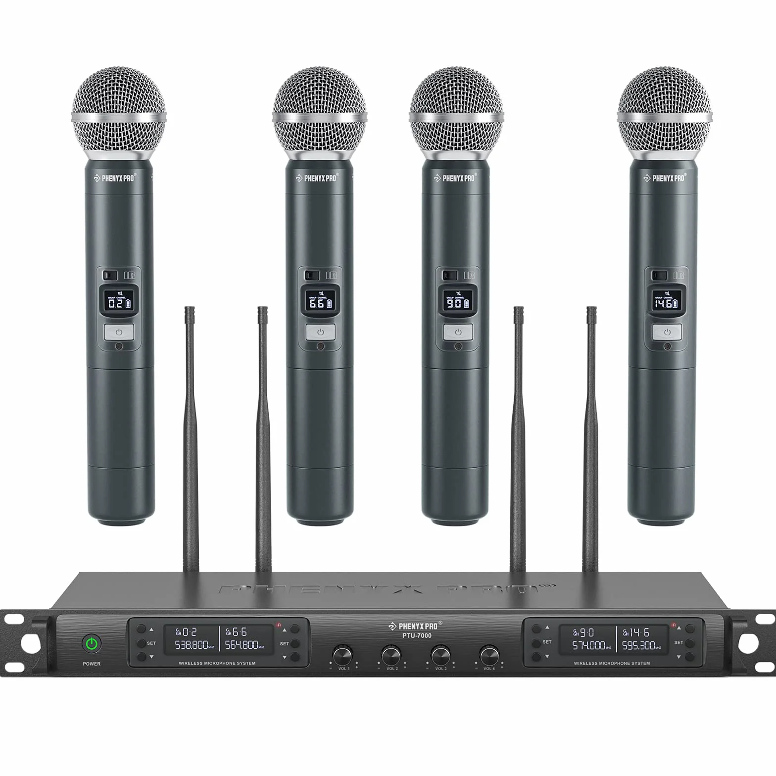 Phenyx Pro Sistema microfono wireless a quattro canali con scansione automatica, 4x40 frequenze UHF, lunga portata di 328 piedi, 4 microfoni dinamici palmari per canto, chiesa, karaoke (PTU-7000-4H)