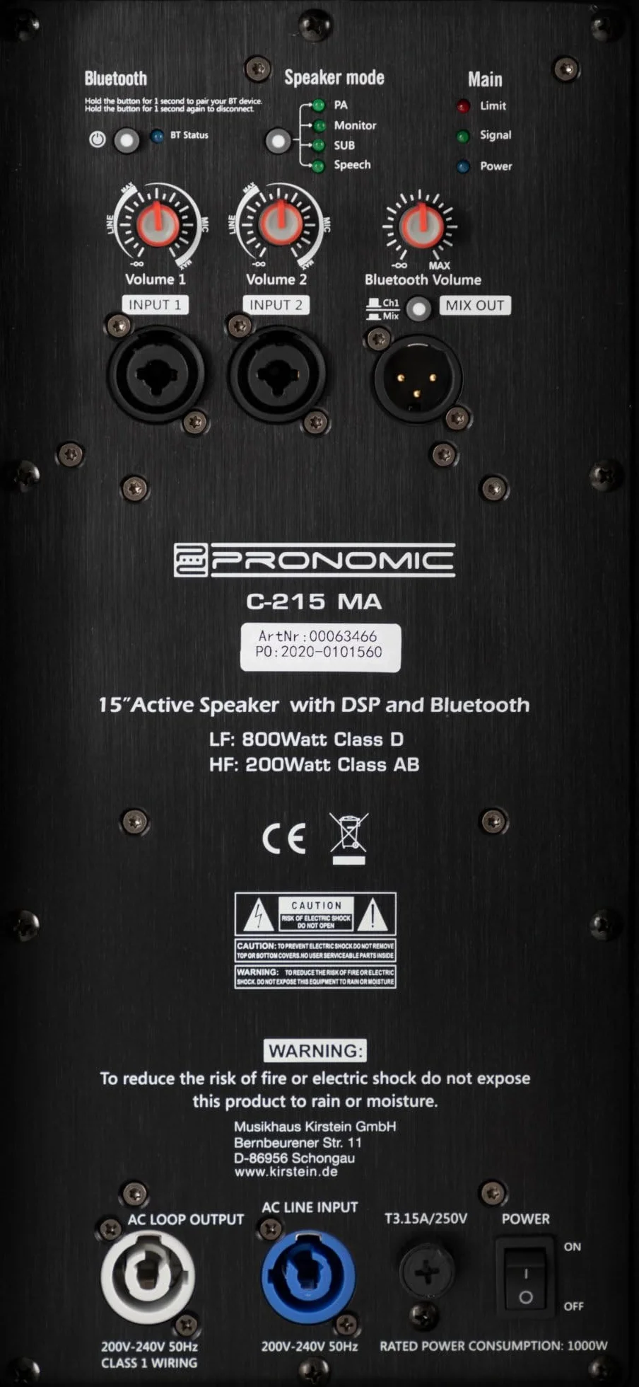 Pronomic C-215 MA - 2x Diffusore attivo a 2 vie con 2 canali - Potenza: 1000 watt - Woofer da 15" + tweeter in titanio da 1,75" - Ricevitore Bluetooth - Alloggiamento pendenza del monitor