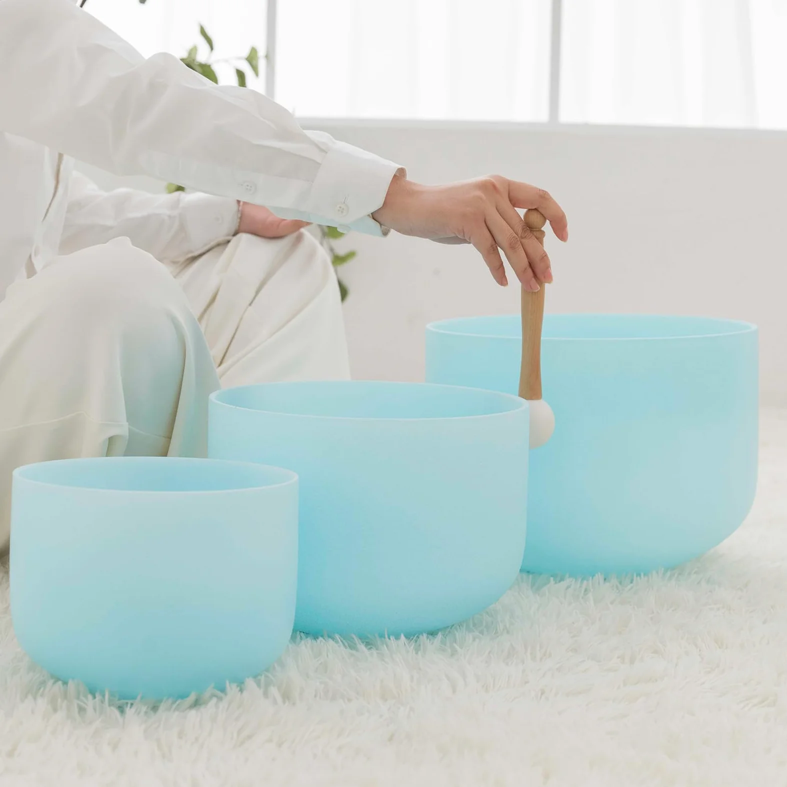 Hye-eun Set di 3 campane tibetane in cristallo, 432 Hz, 12 "C 10" F 8 "A, blu, al quarzo, con custodia per il trasporto, per la meditazione, per la guarigione dello yoga